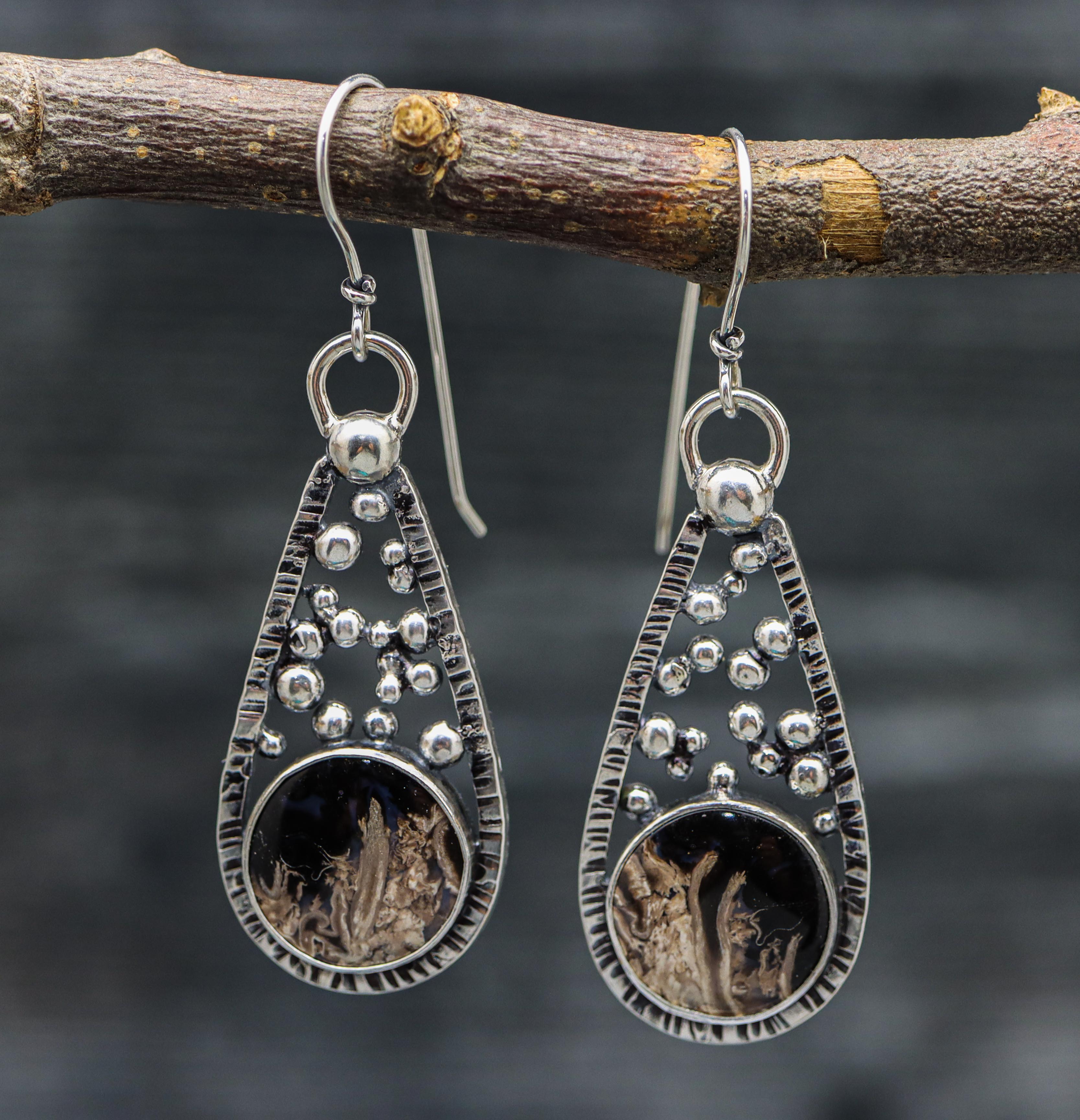 Fossil Palm Wood Dangle Earrings Sterling Silver