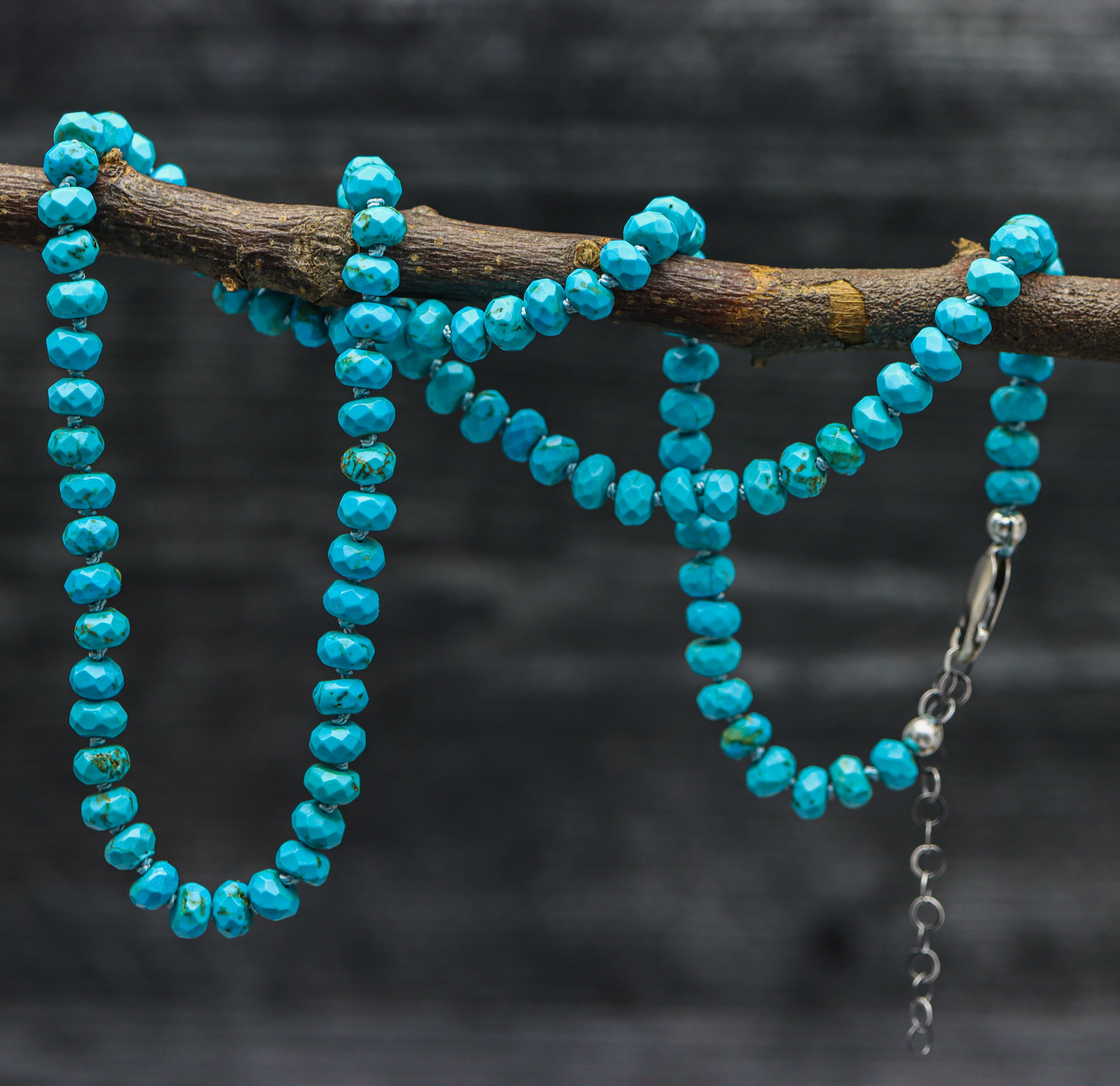 Faceted Turquoise Hand Knotted Bead Necklace Sterling Silver 21 inch