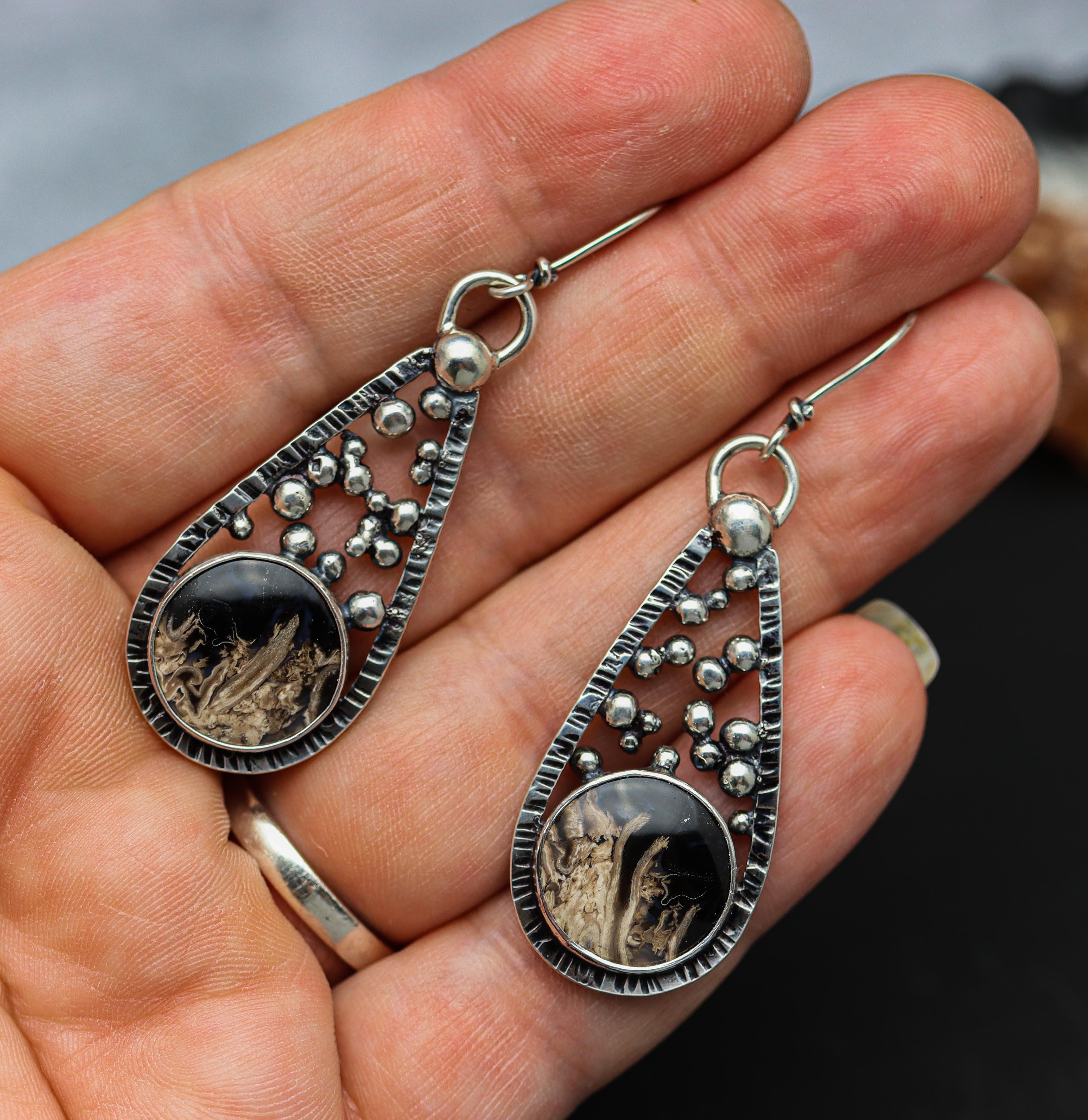 Fossil Palm Wood Dangle Earrings Sterling Silver