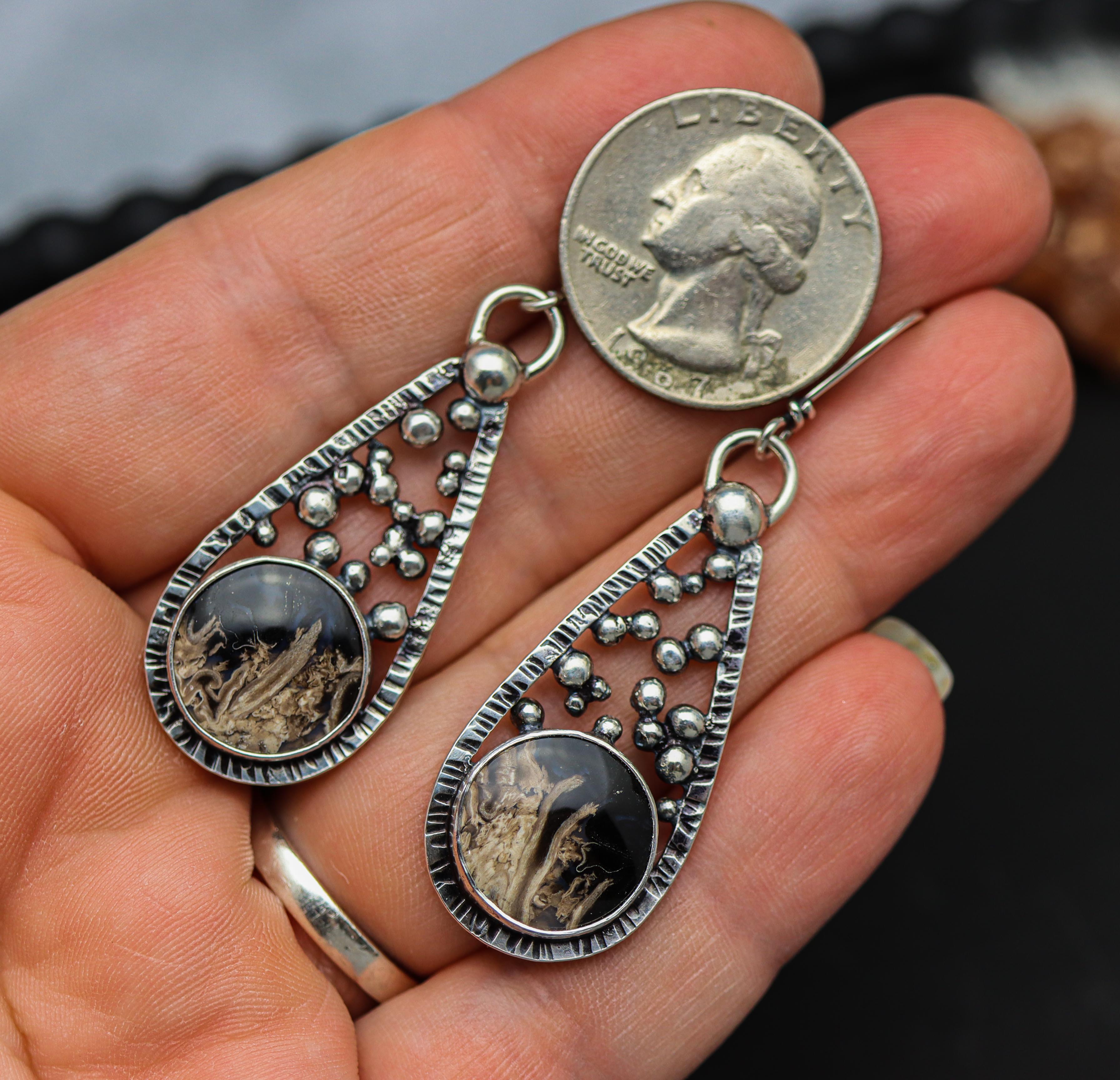 Fossil Palm Wood Dangle Earrings Sterling Silver