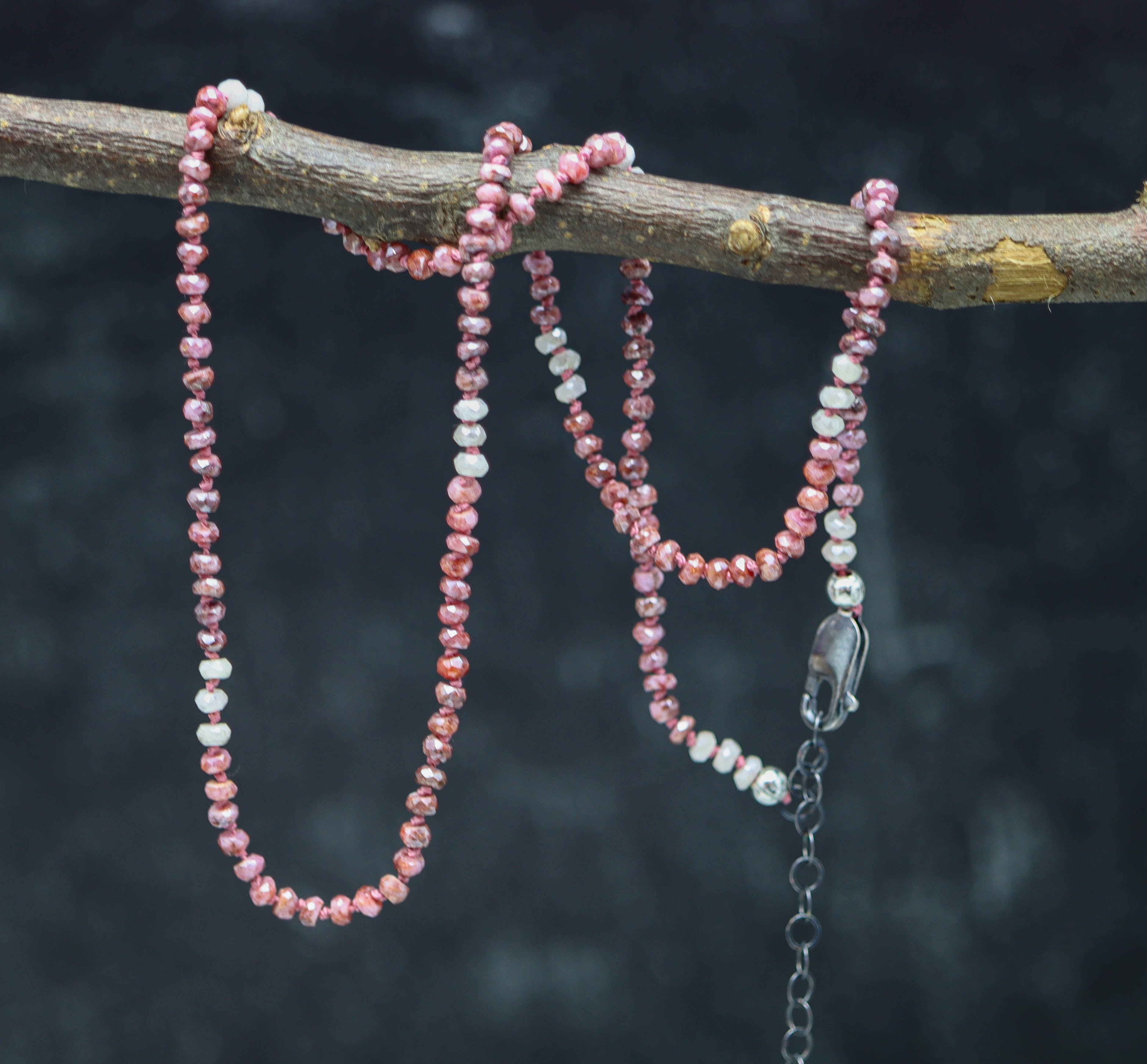Pink Sapphire Hand Knotted Bead Necklace Sterling Silver