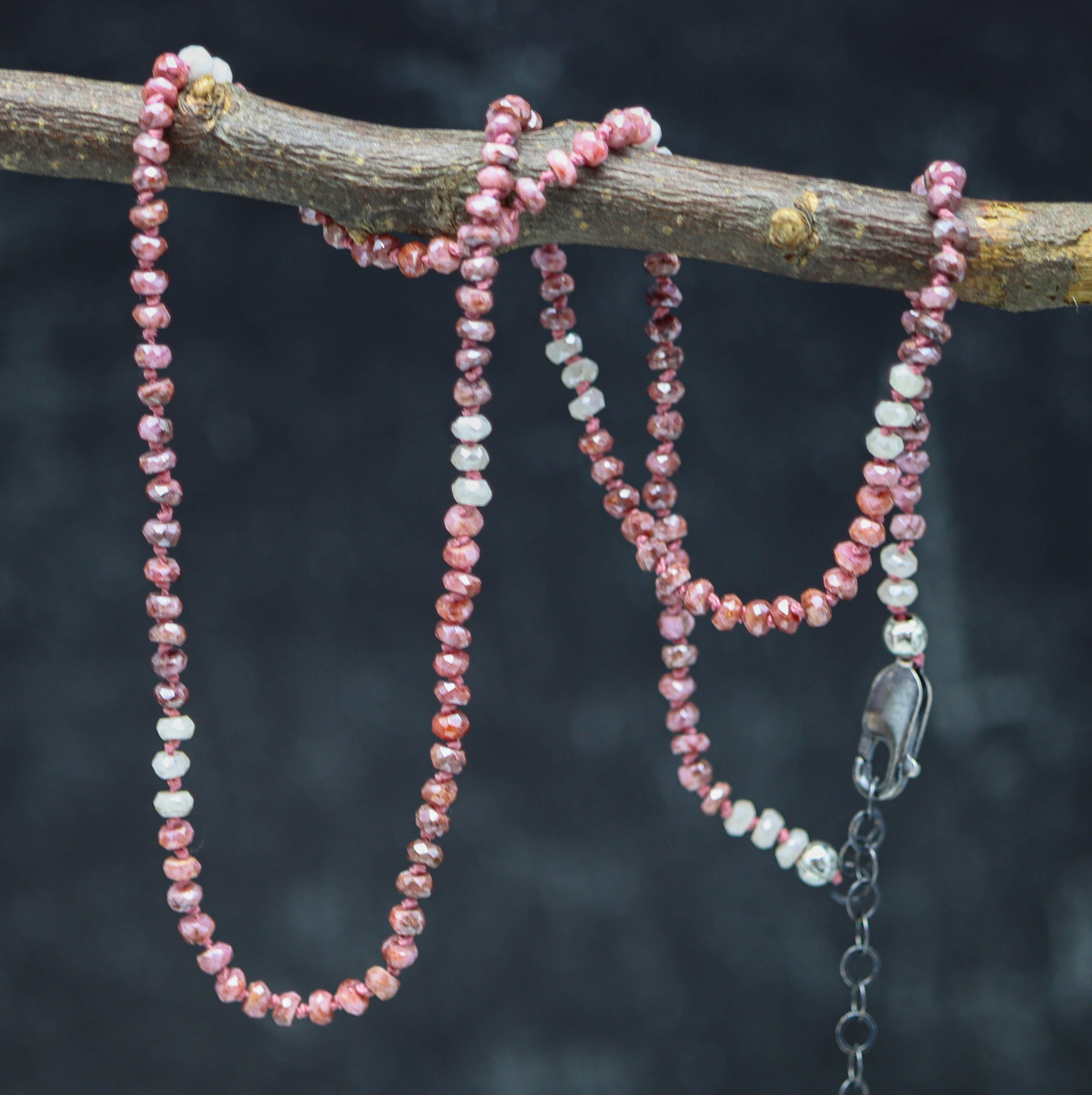 Pink Sapphire Hand Knotted Bead Necklace Sterling Silver