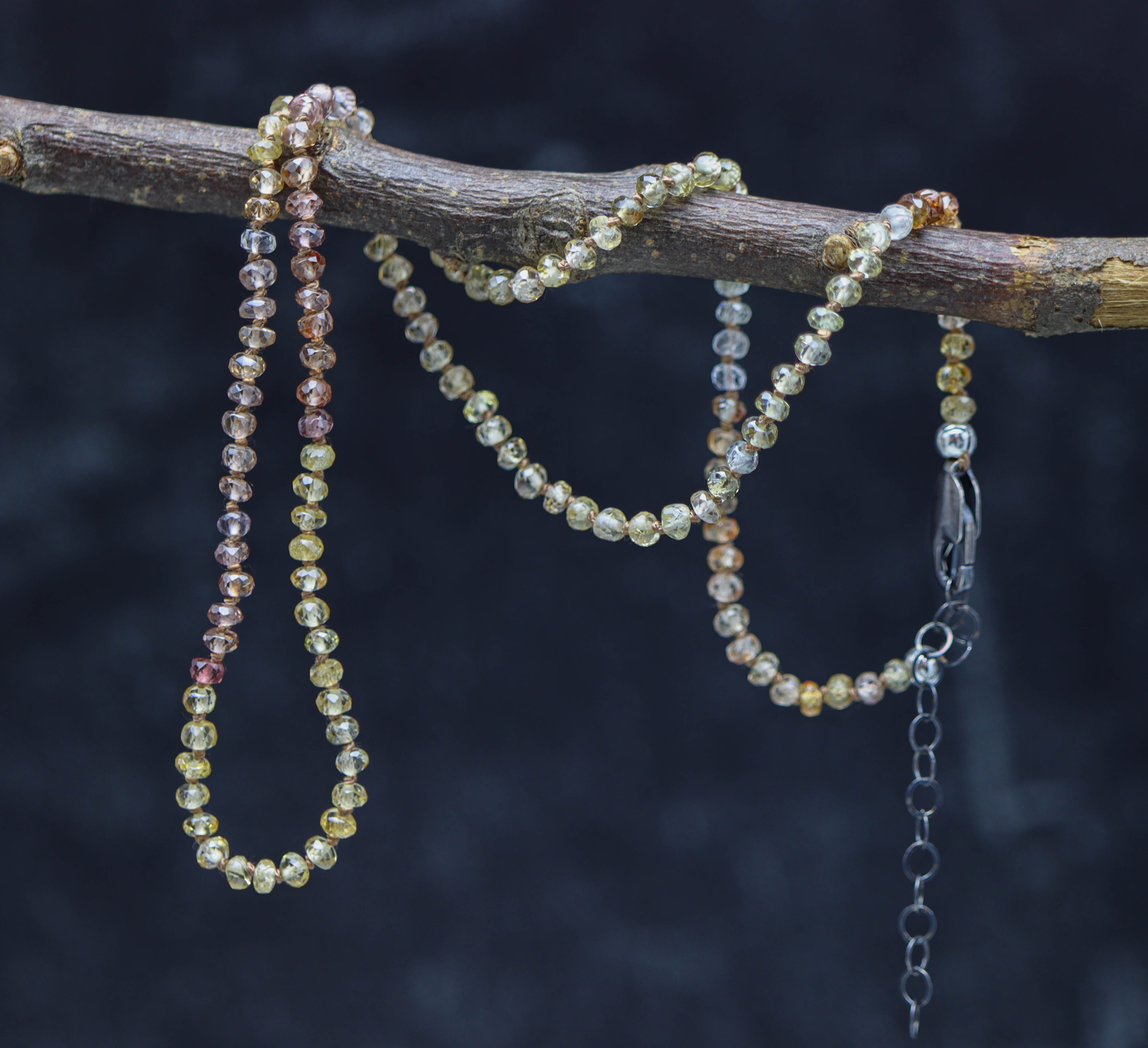 Champagne Zircon Hand Knotted Bead Necklace Sterling Silver