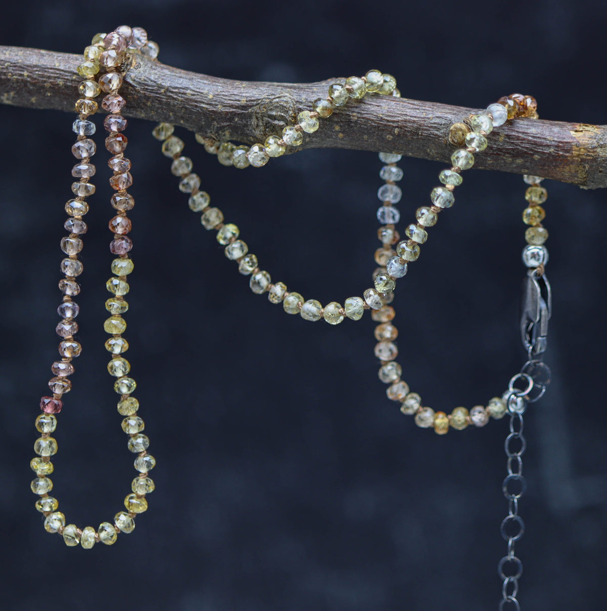 Champagne Zircon Hand Knotted Bead Necklace Sterling Silver