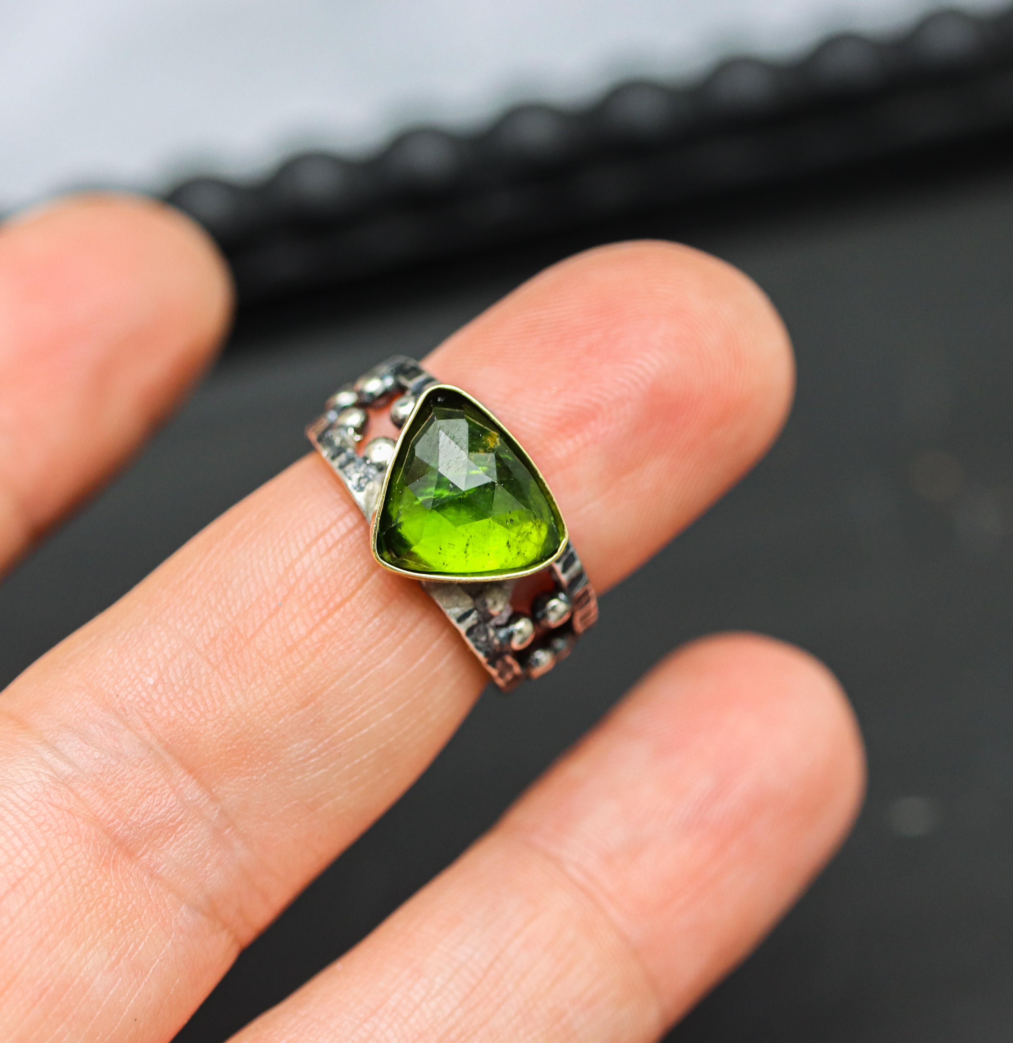 Green Tourmaline Sterling Silver and 22k Gold Made to Finish Ring