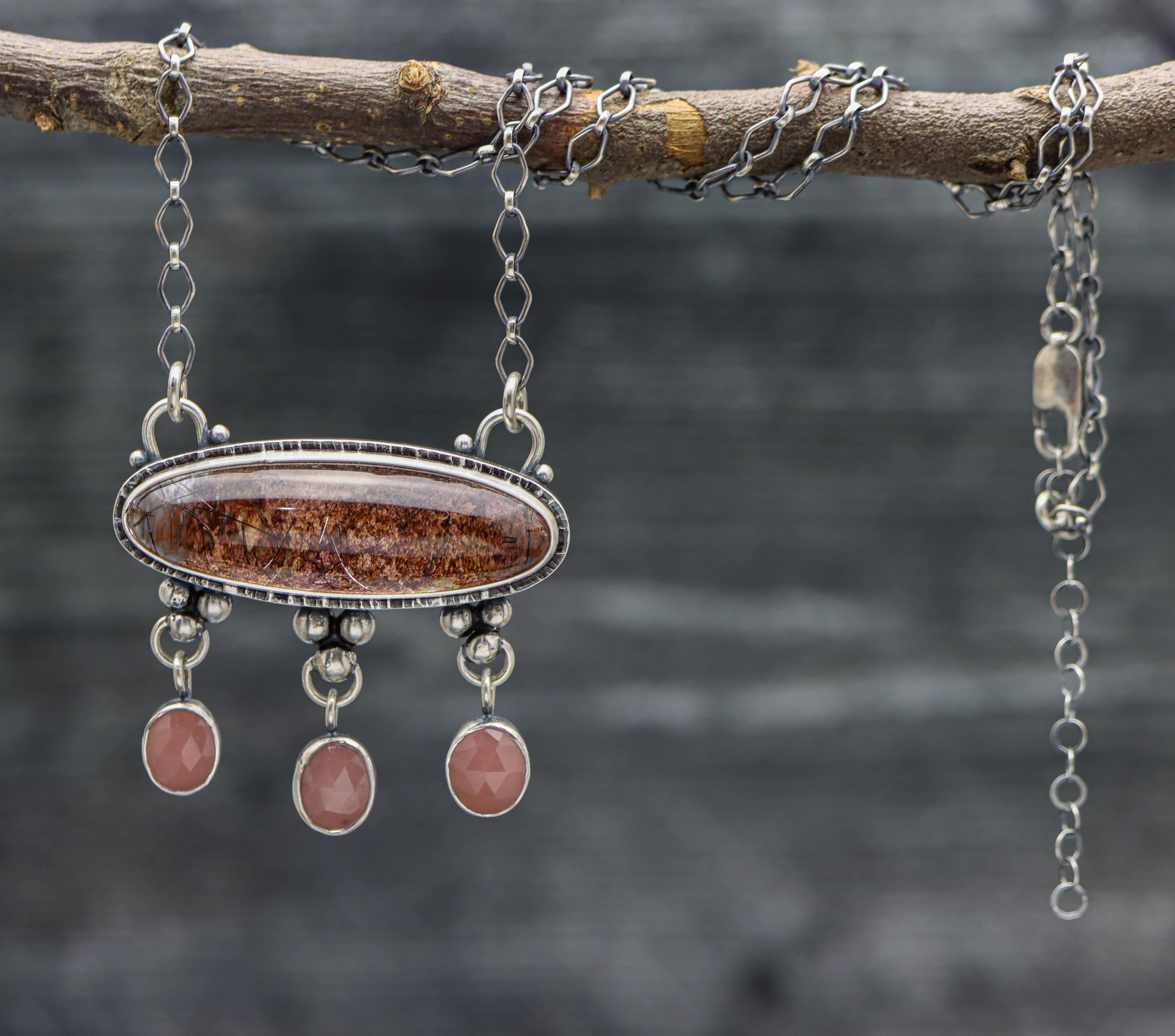Garden Quartz and Guava Quartz Dangle Necklace Sterling Silver