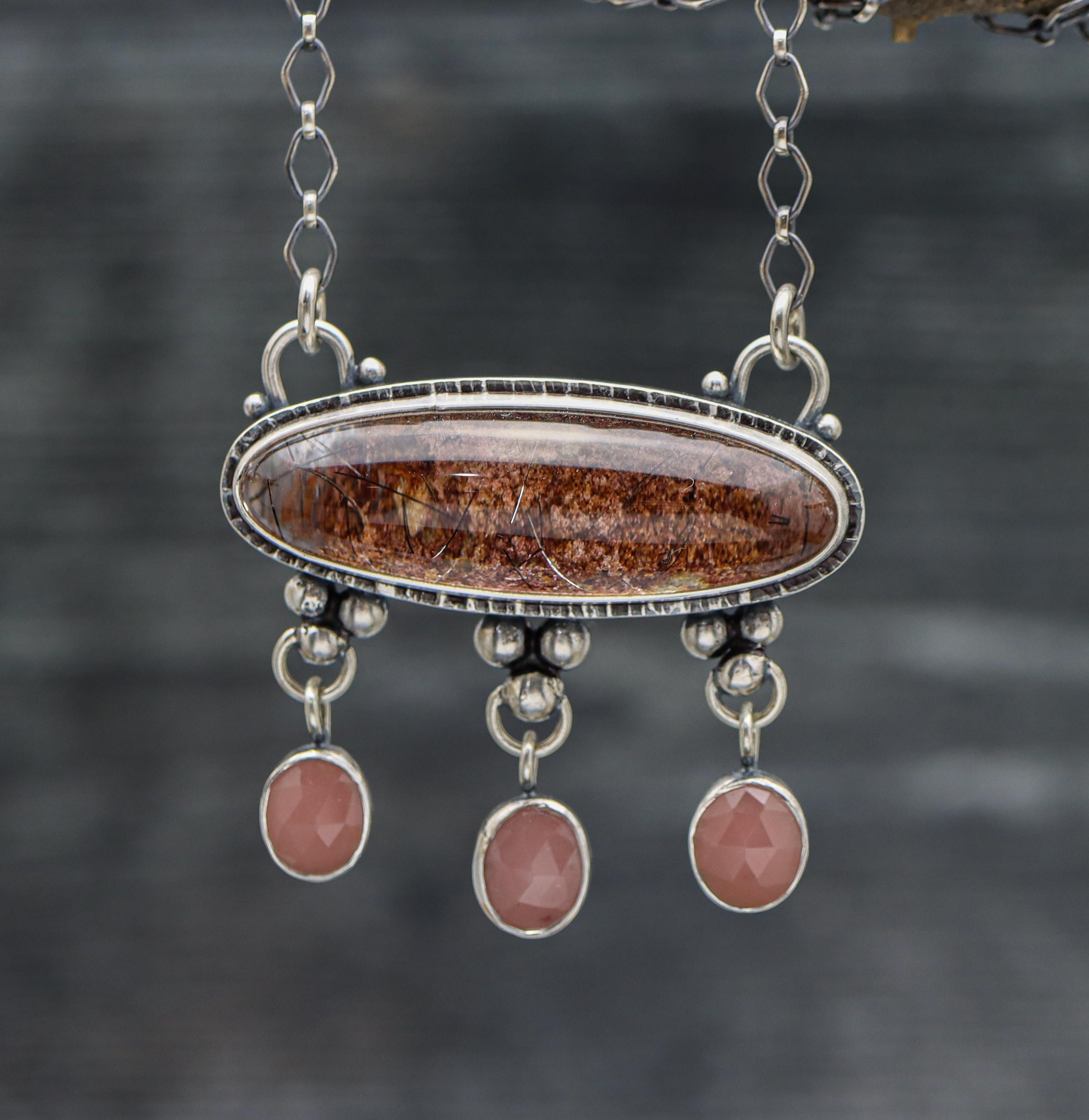 Garden Quartz and Guava Quartz Dangle Necklace Sterling Silver