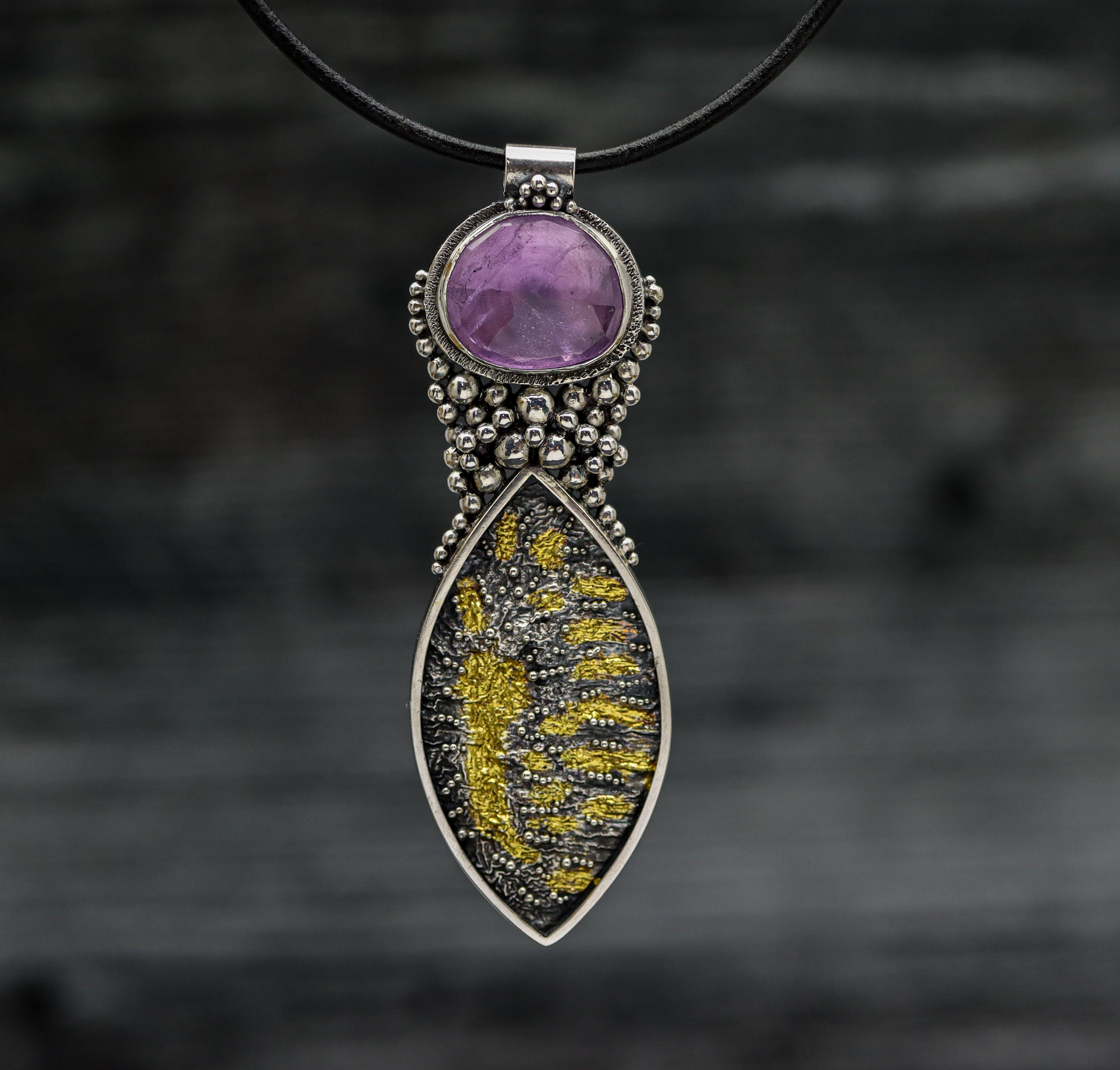 The Goddess Pendant #3 Amethyst Necklace Sterling Silver and 22k Gold
