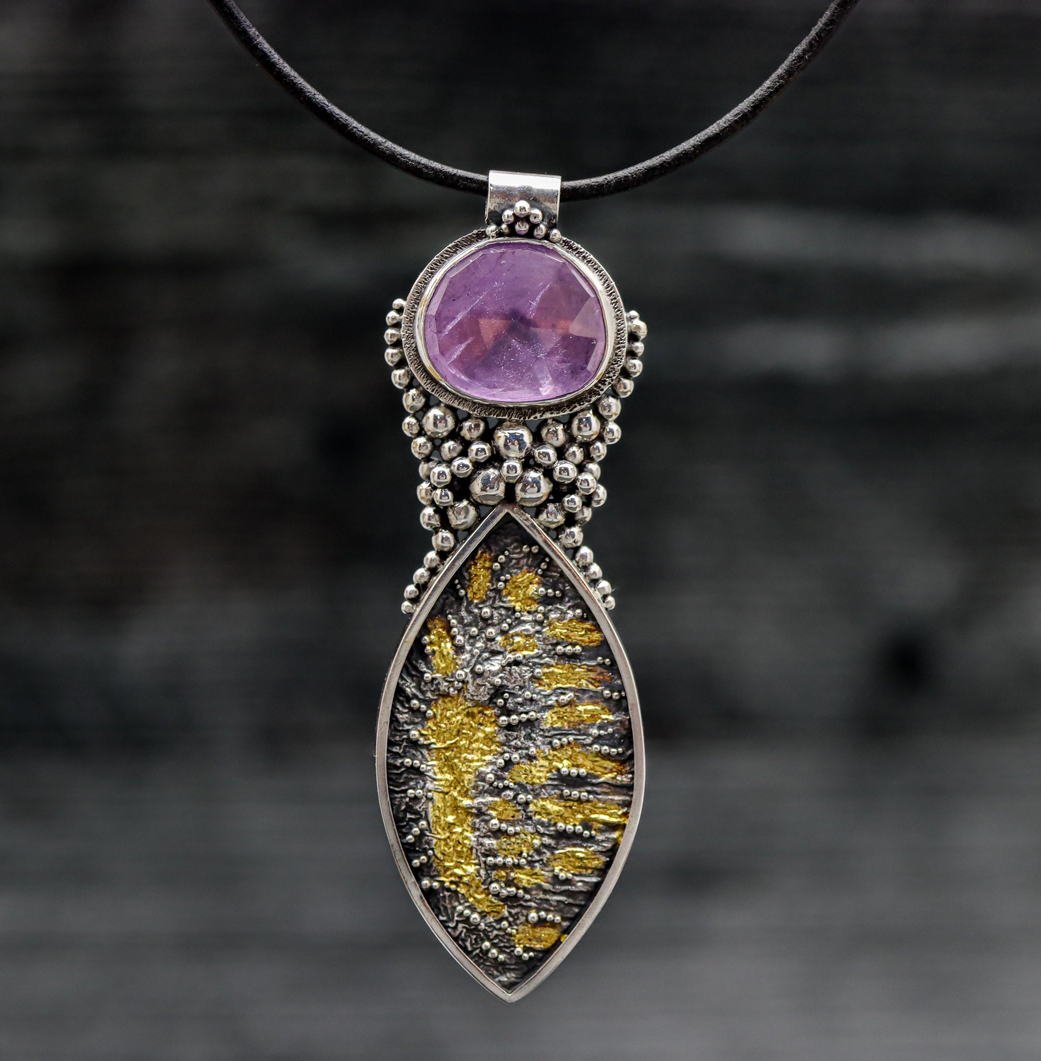 The Goddess Pendant #3 Amethyst Necklace Sterling Silver and 22k Gold