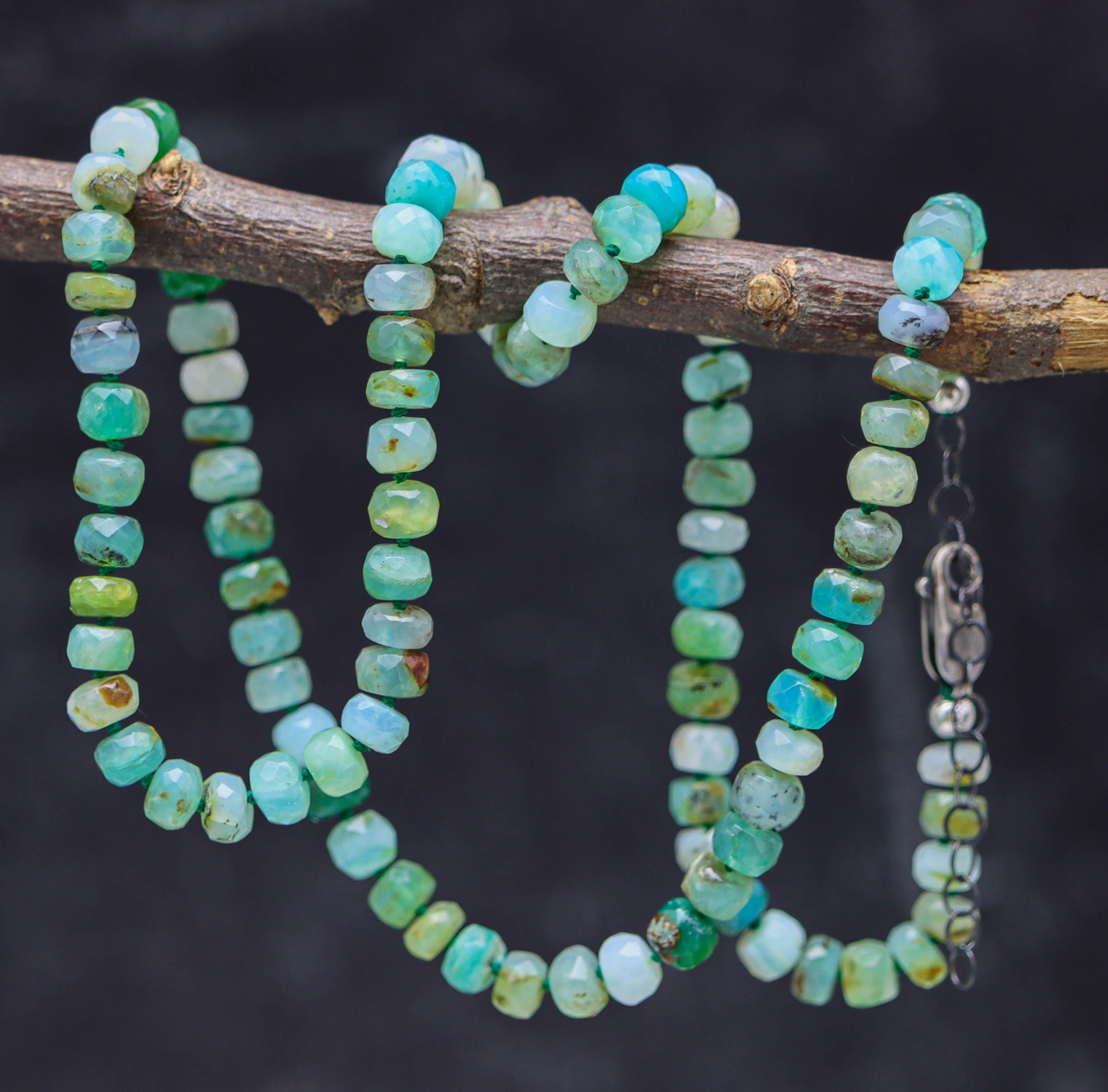 Peruvian Opal Hand Knotted Bead Necklace Sterling Silver