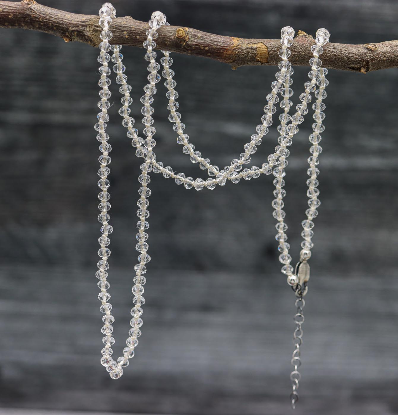 Cyrystal Quartz Hand Knotted Bead Necklace Sterling Silver
