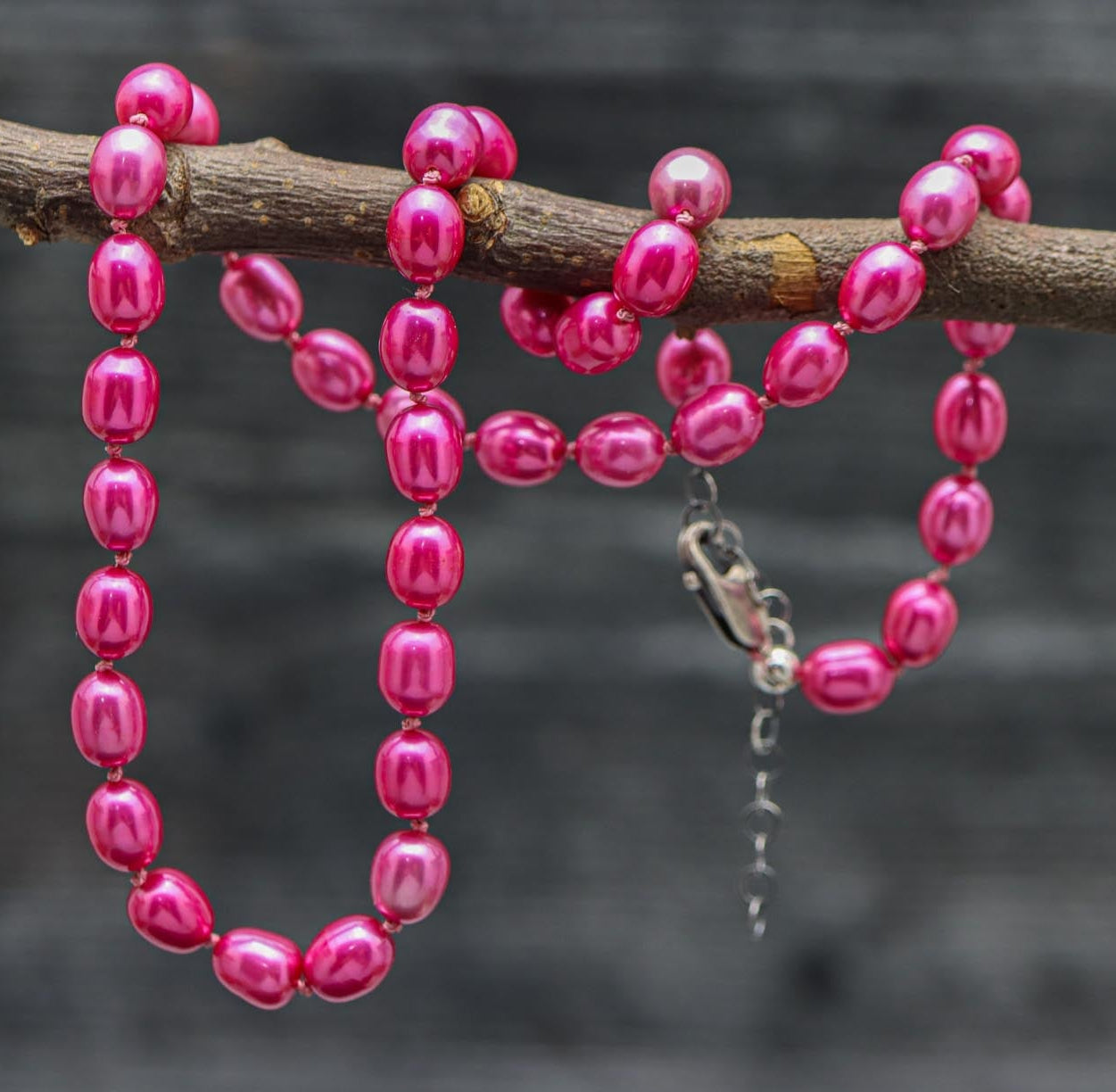 Hot Pink Pearl Hand Knotted Bead Necklace Sterling Silver