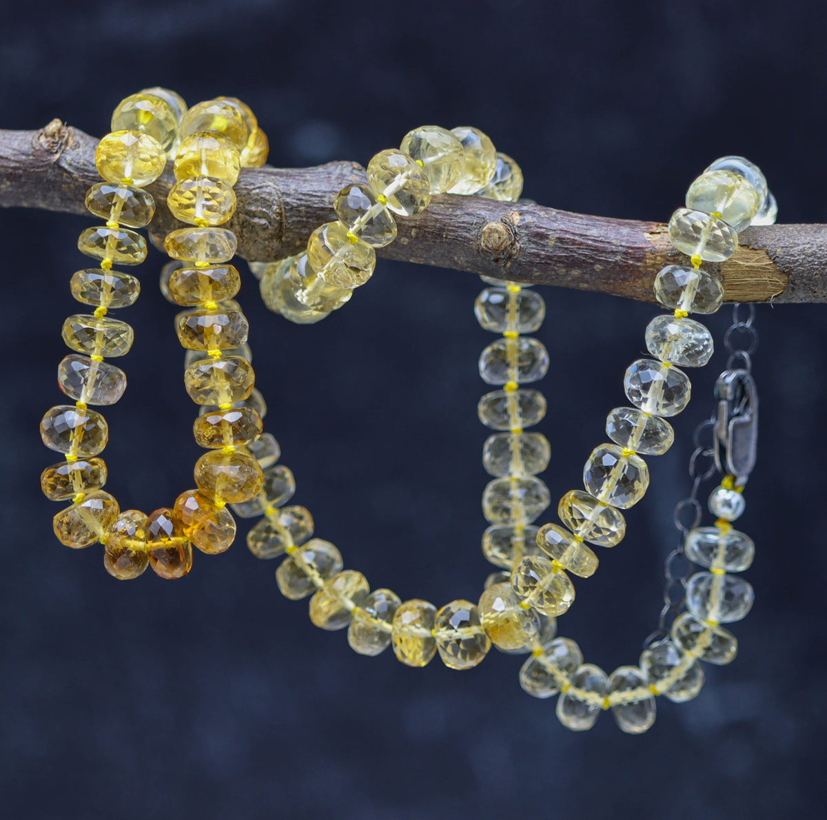 Ombre Yellow Citrine Hand Knotted Bead Necklace Sterling Silver