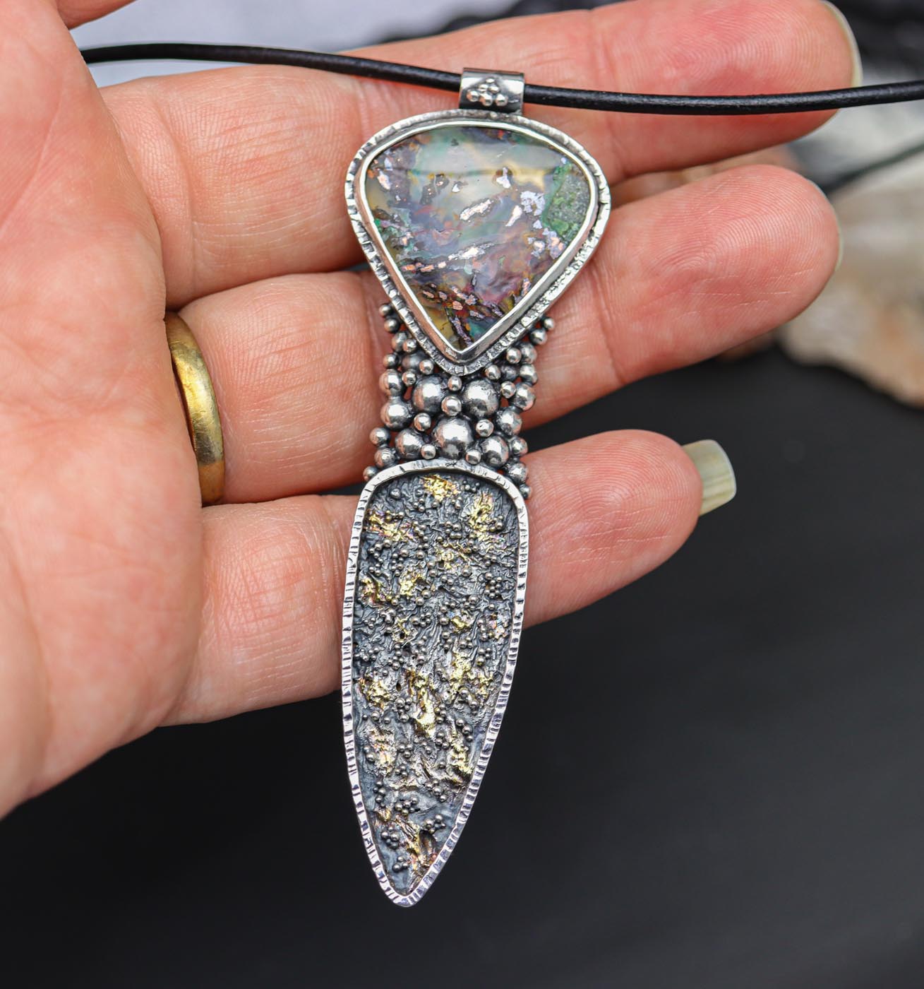 The Goddess Pendant #1 Confetti Chrysocolla Necklace Sterling Silver and 22k Gold