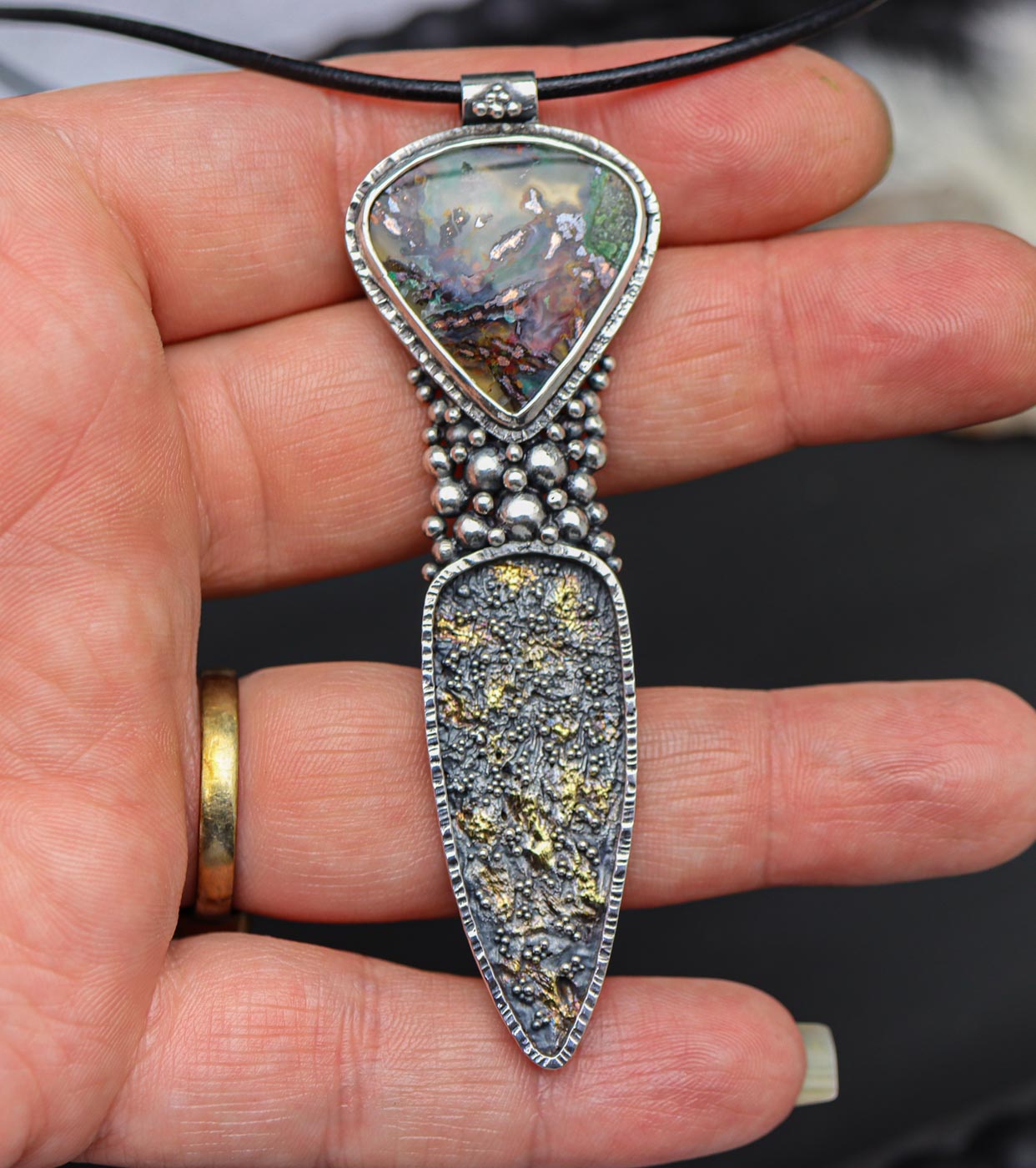 The Goddess Pendant #1 Confetti Chrysocolla Necklace Sterling Silver and 22k Gold