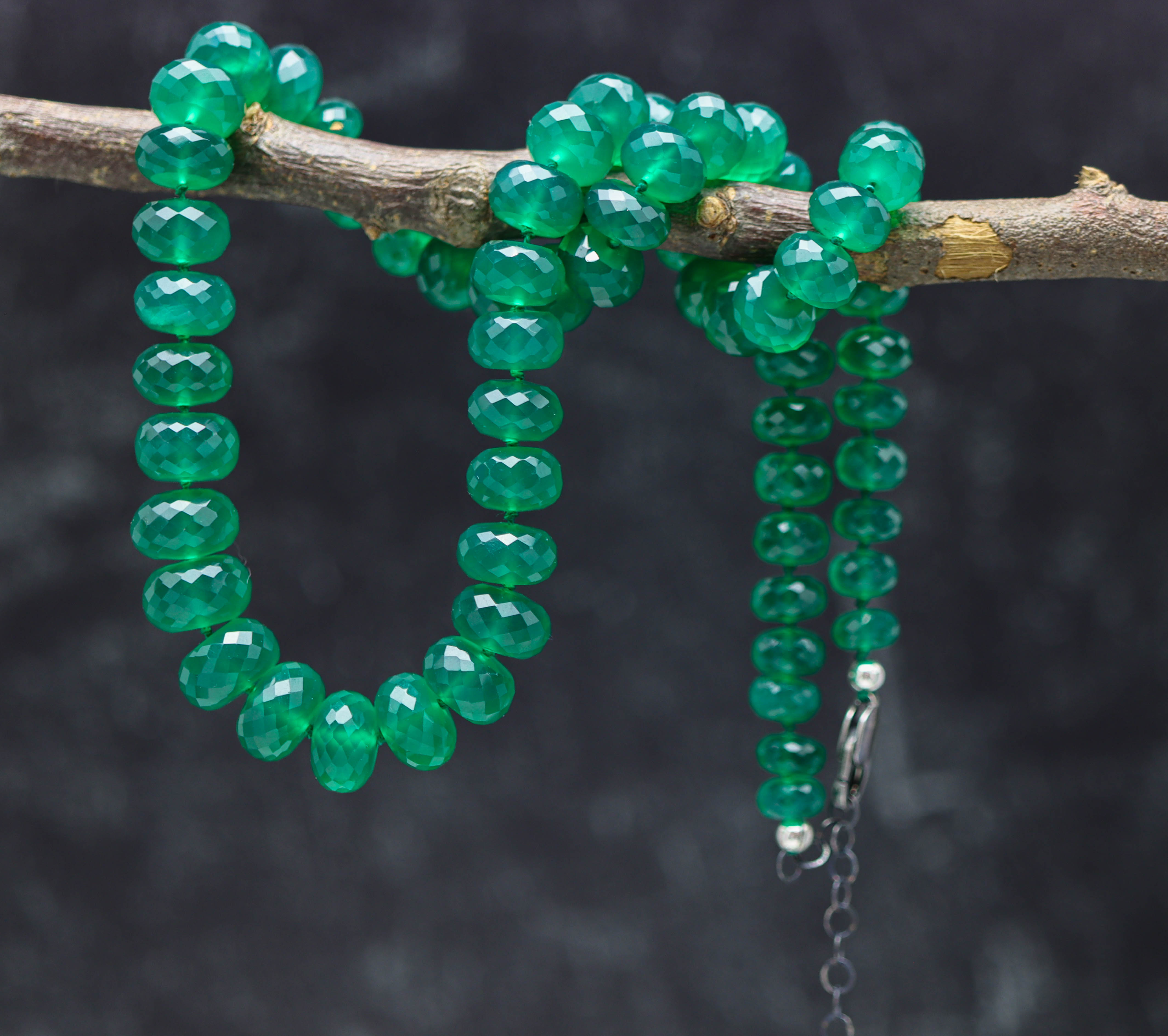 Green Onyx Hand Knotted Bead Necklace Sterling Silver
