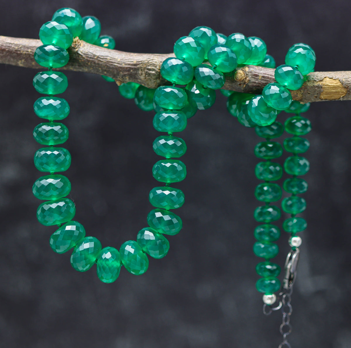 Green Onyx Hand Knotted Bead Necklace Sterling Silver
