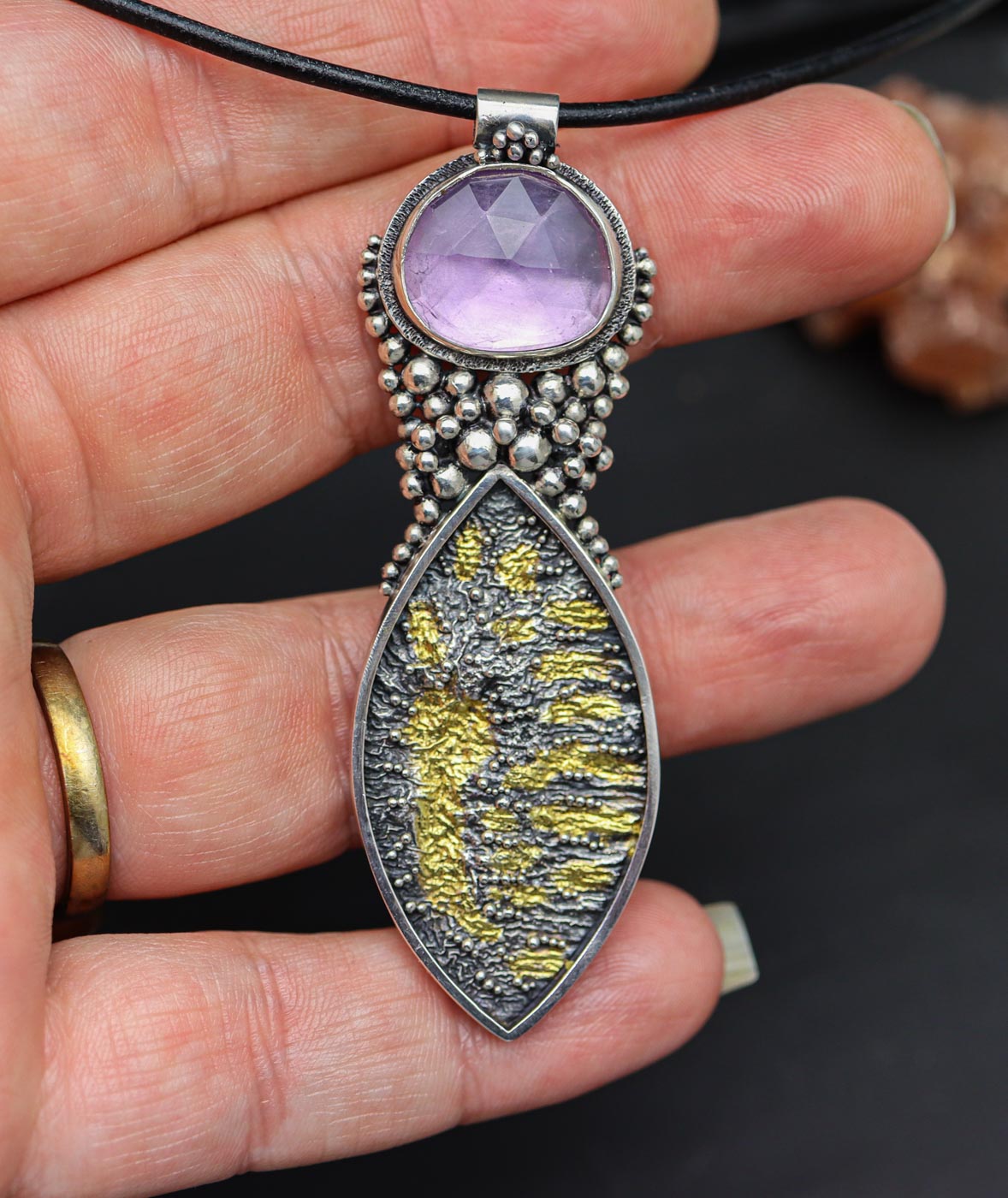 The Goddess Pendant #3 Amethyst Necklace Sterling Silver and 22k Gold