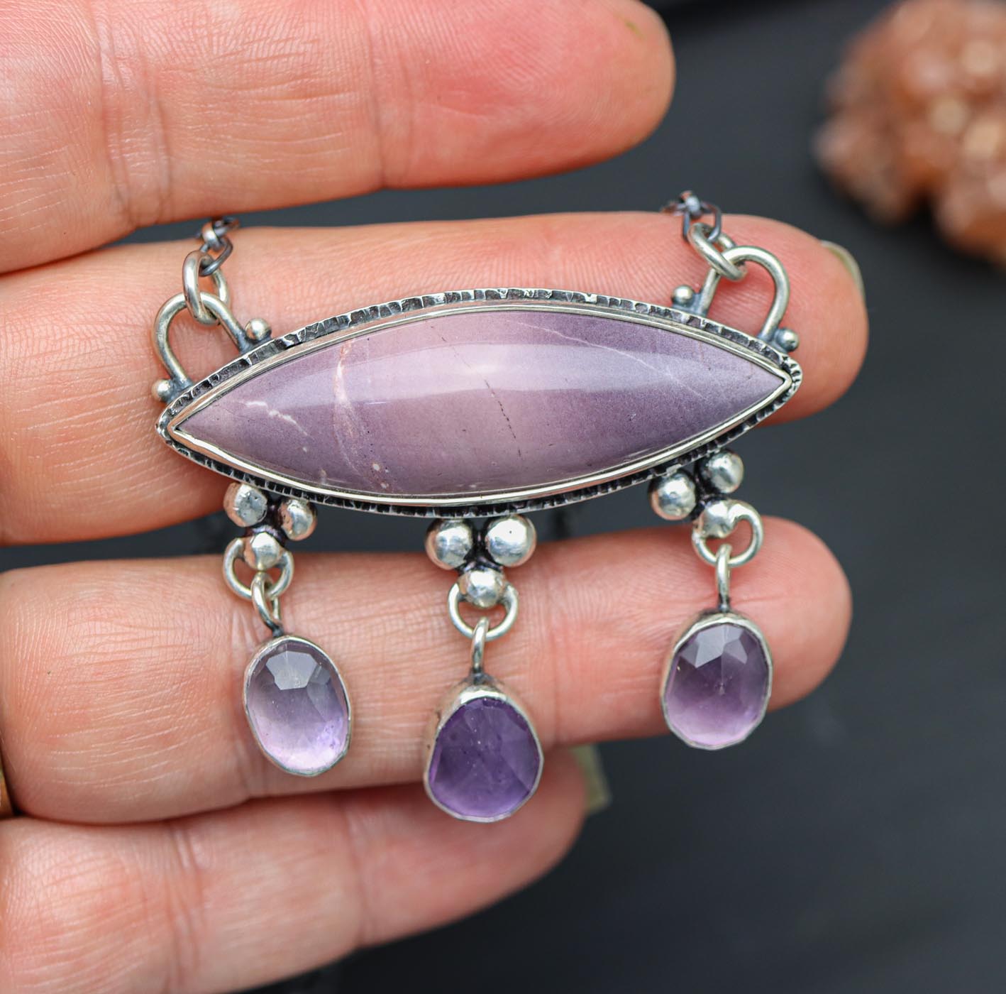 Hyacinth Jasper and Amethyst Dangle Necklace Sterling Silver