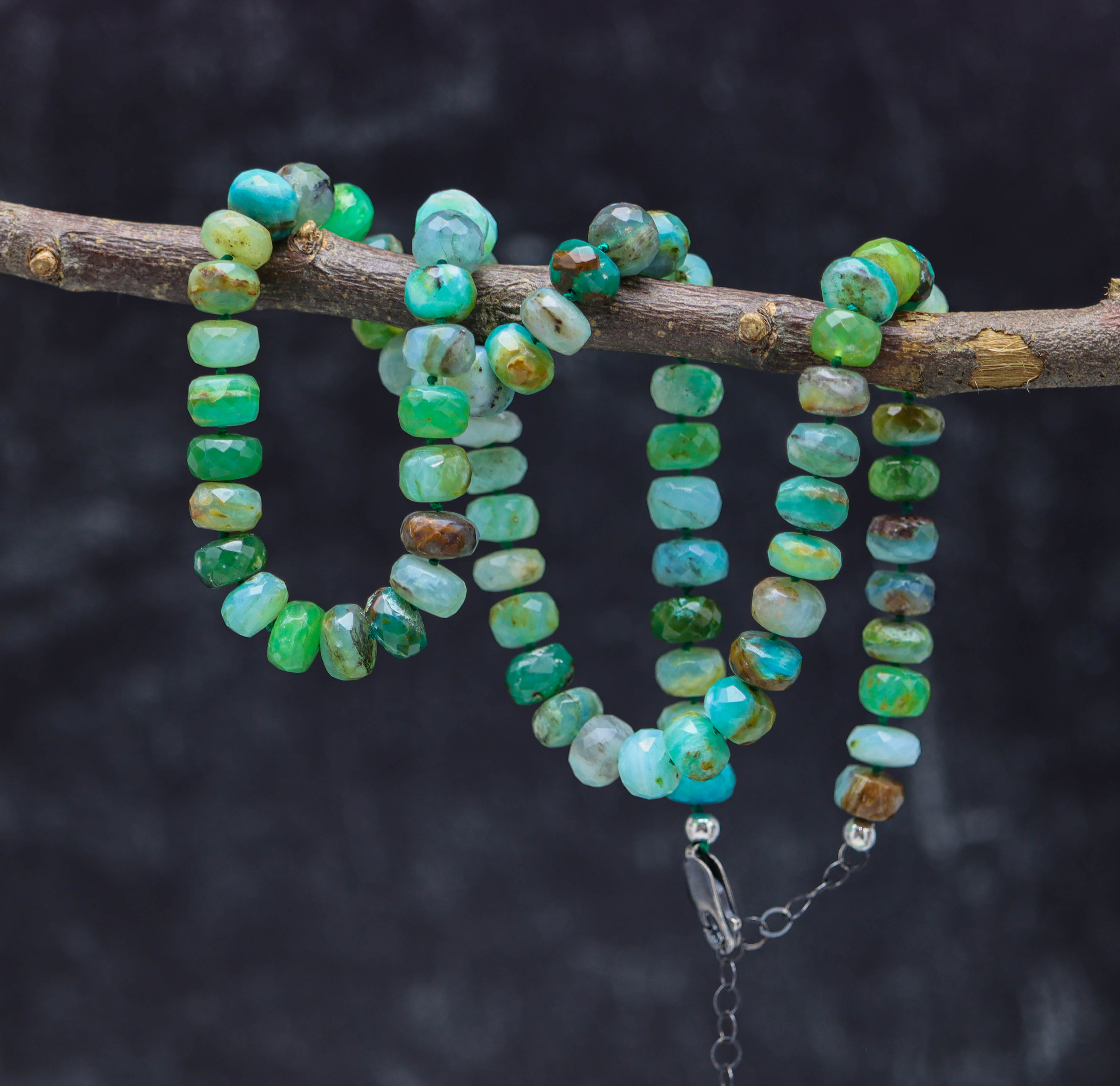 Peruvian Opal Hand Knotted Bead Necklace Sterling Silver