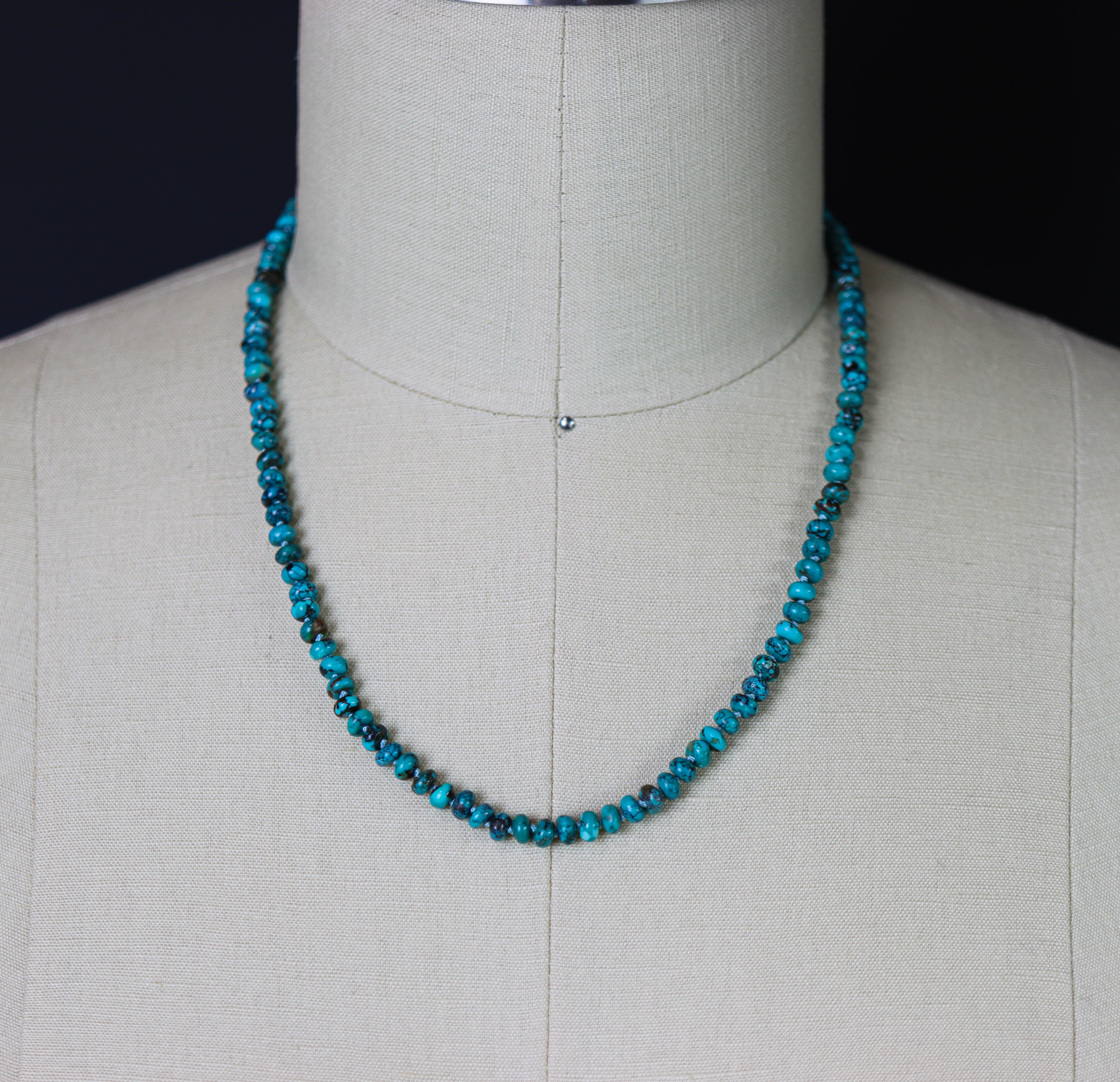 Turquoise Hand Knotted Bead Necklace Sterling Silver