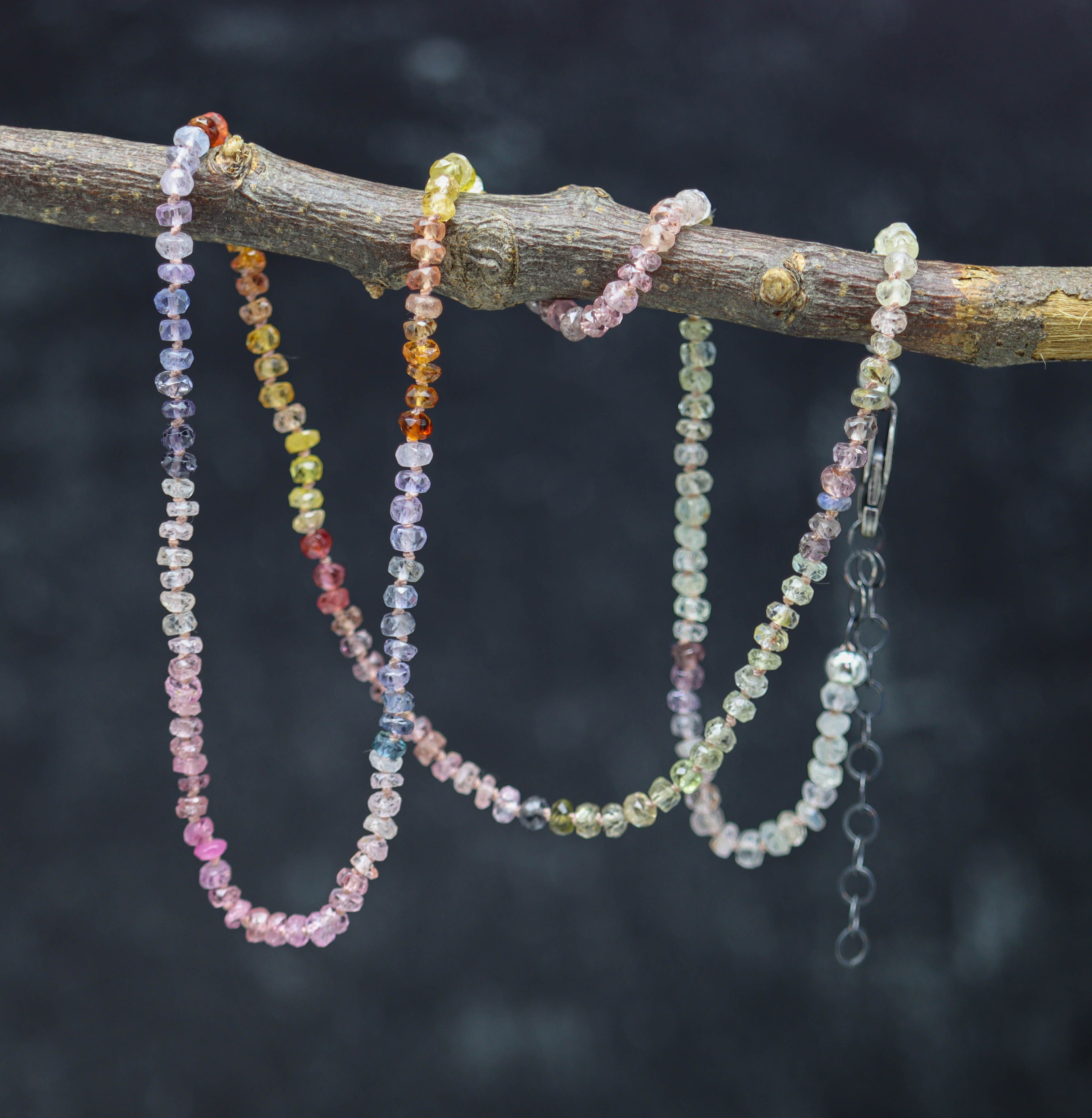Multi Colored Sapphire Hand Knotted Bead Necklace Sterling Silver 19.5 inch