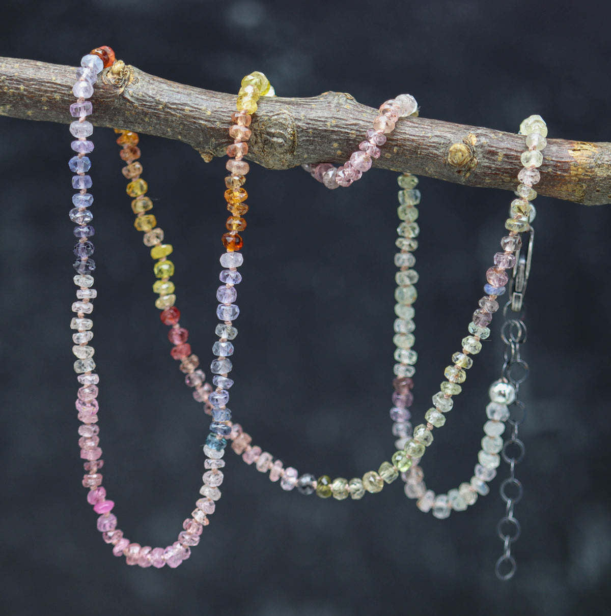 Multi Colored Sapphire Hand Knotted Bead Necklace Sterling Silver 19.5 inch