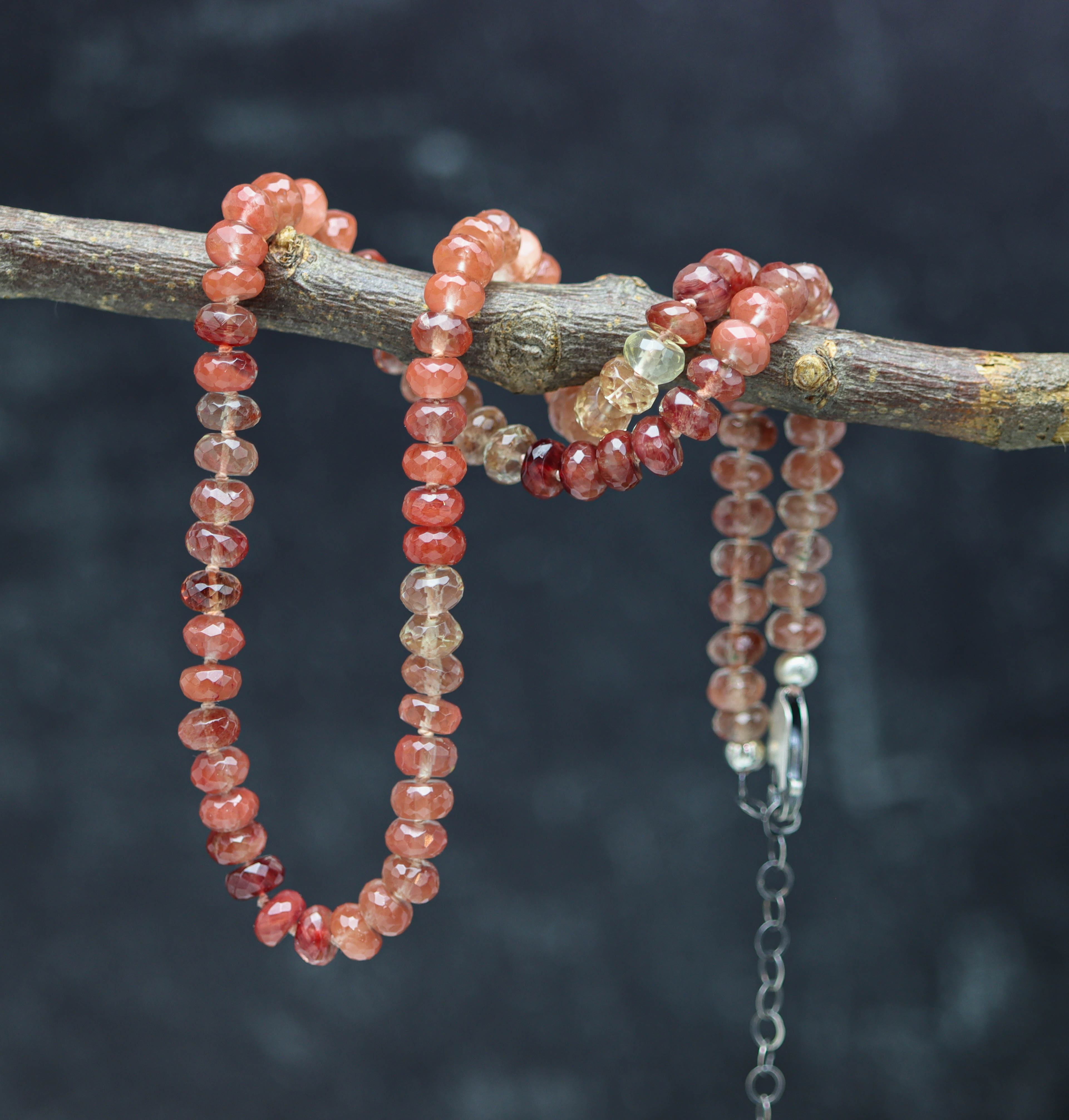Andesine Hand Knotted Bead Necklace Sterling Silver 16 inch