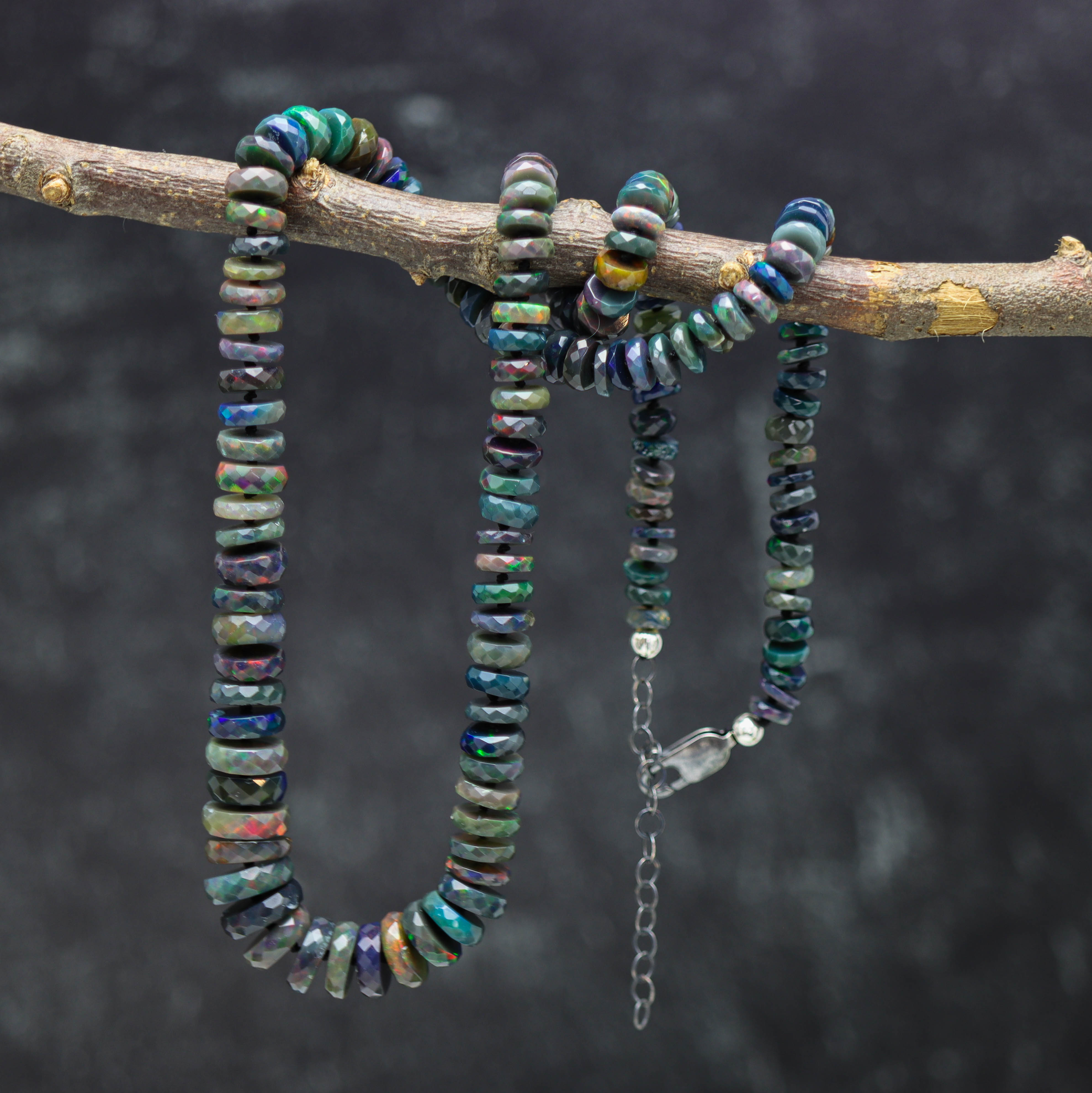 Black Opal Hand Knotted Bead Necklace Sterling Silver *ONLY ONE*