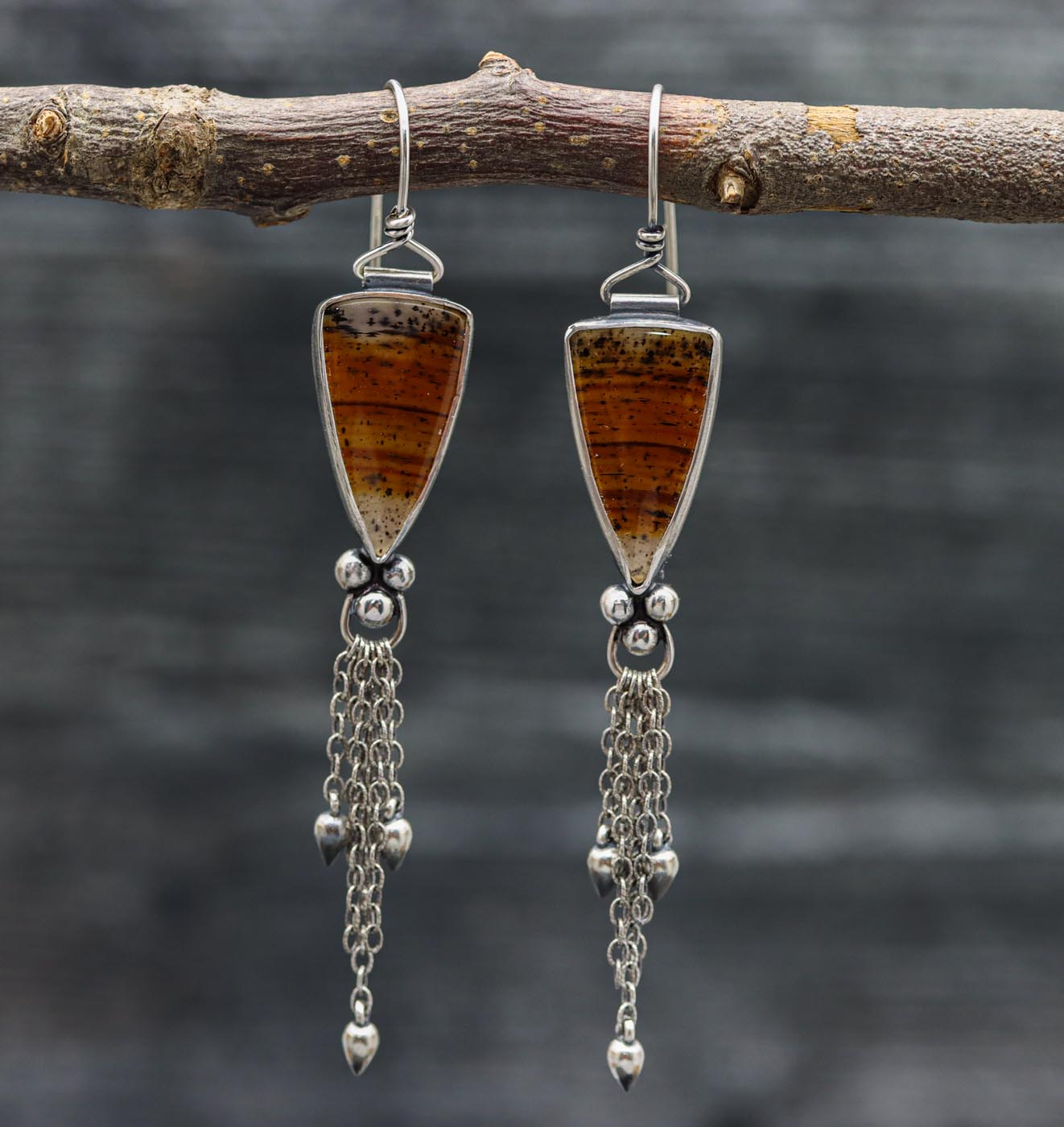 Montana Agate & Silver Teardrop Tassel Earrings