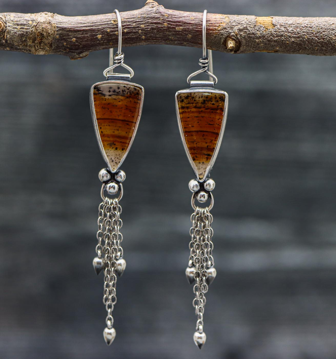 Montana Agate & Silver Teardrop Tassel Earrings