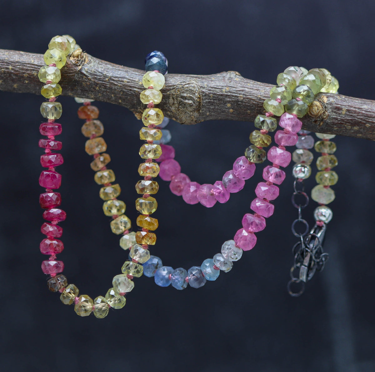 Multi Colored Sapphire Hand Knotted Bead Necklace Sterling Silver 16 inch