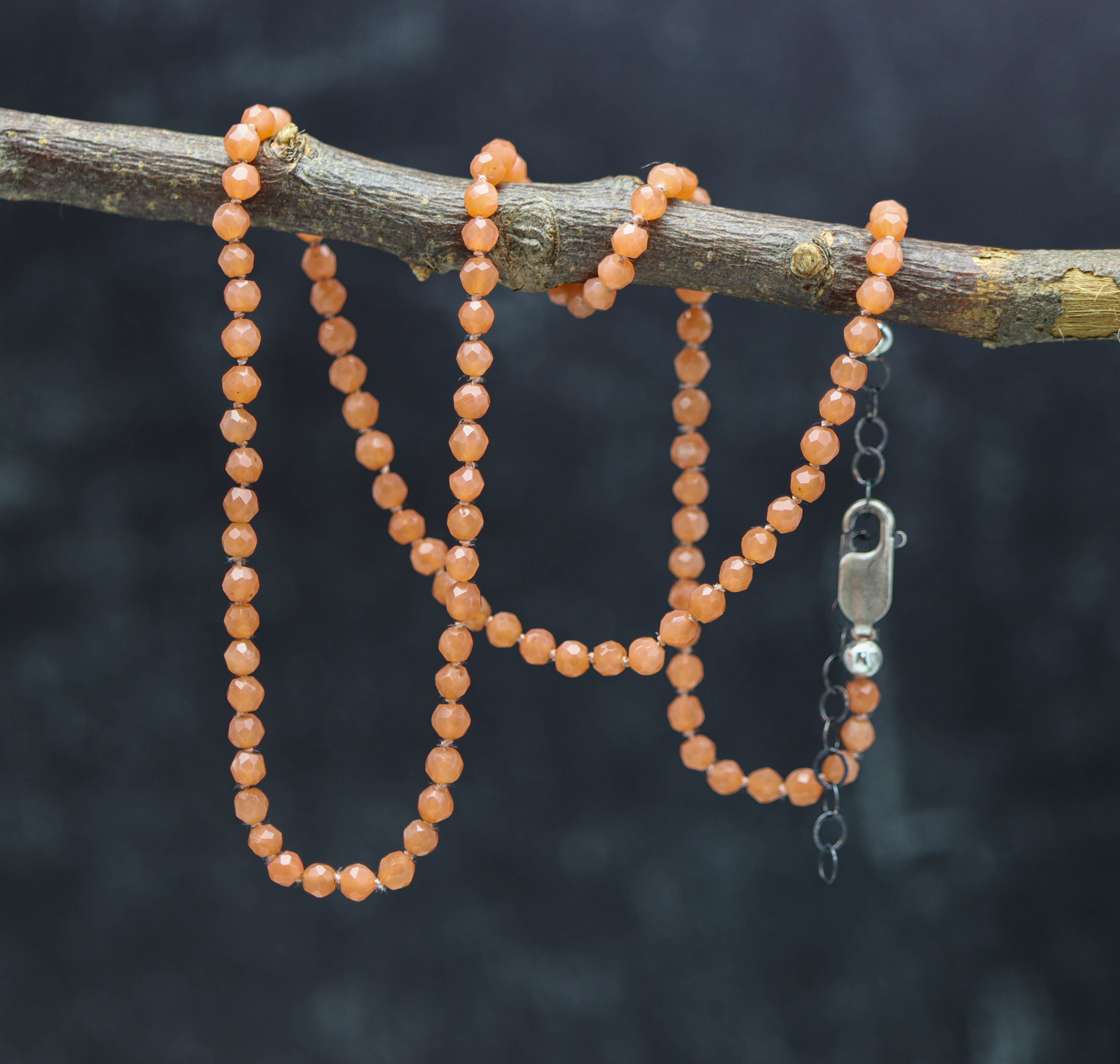 Peach Moonstone Hand Knotted Bead Necklace Sterling Silver