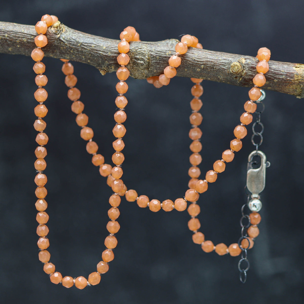 Peach Moonstone Hand Knotted Bead Necklace Sterling Silver