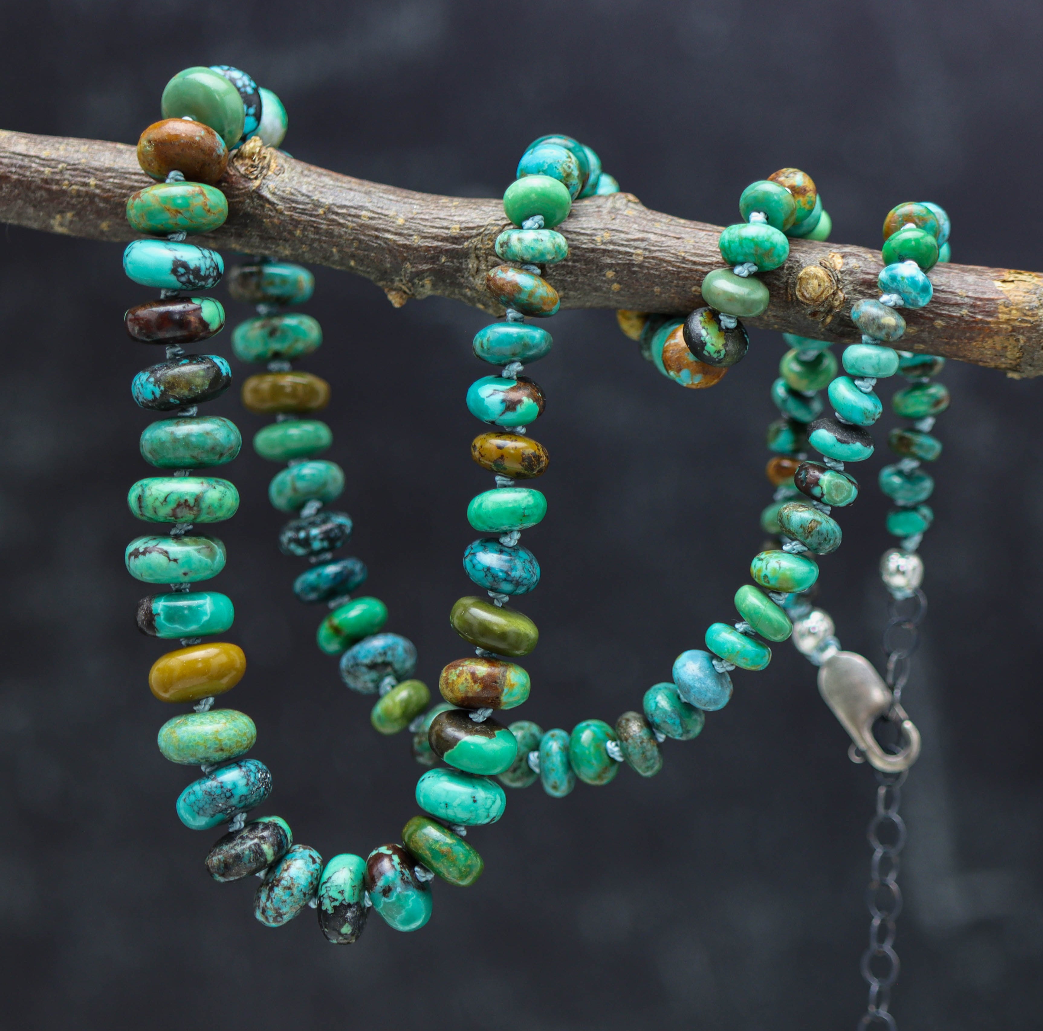 Turquoise Hand Knotted Bead Necklace Sterling Silver