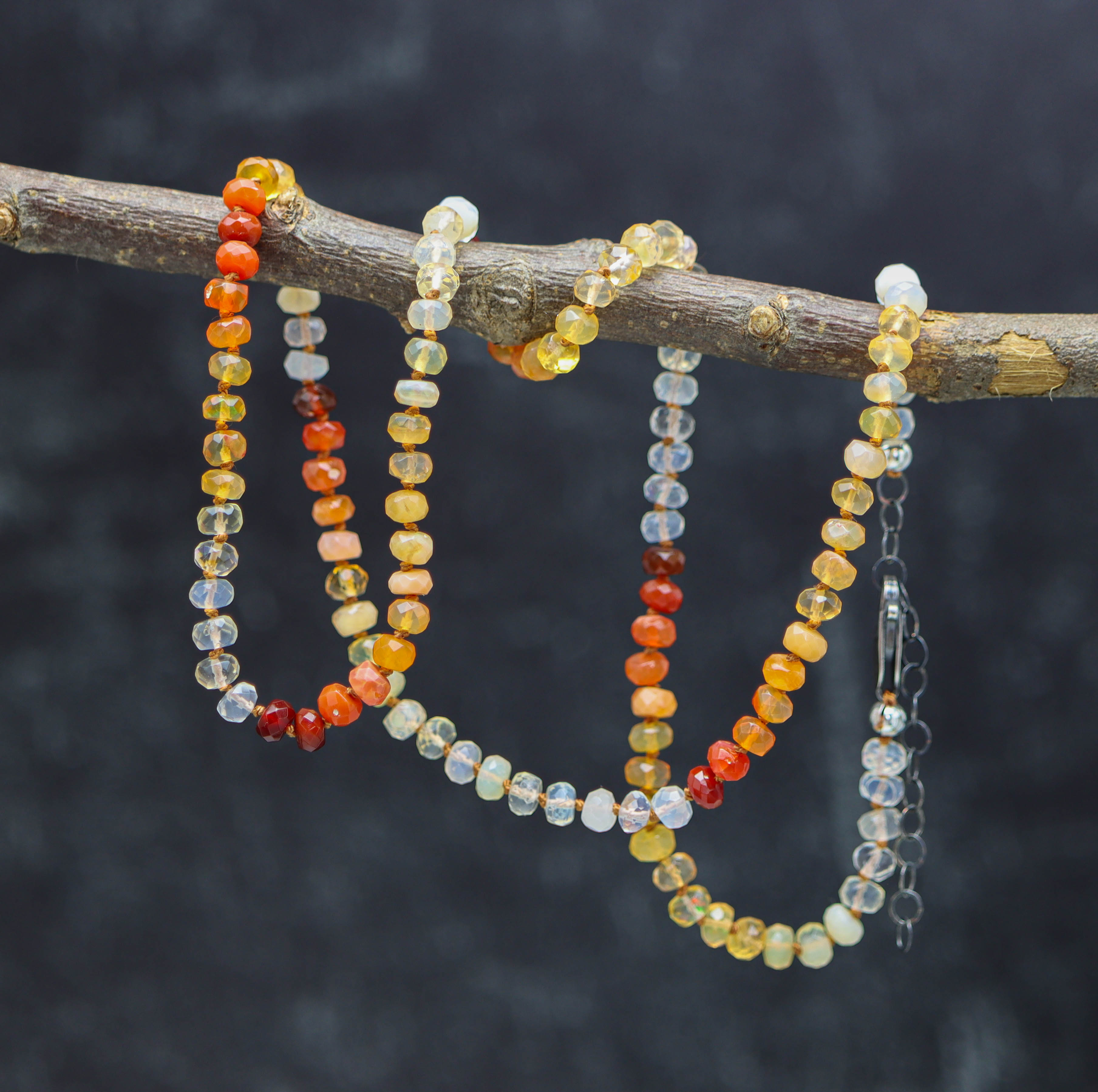 Mexican Fire Opal Hand Knotted Bead Necklace Sterling Silver