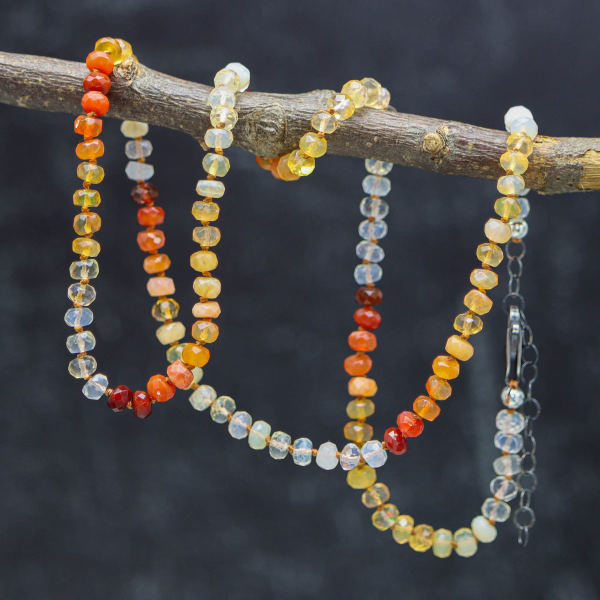 Mexican Fire Opal Hand Knotted Bead Necklace Sterling Silver
