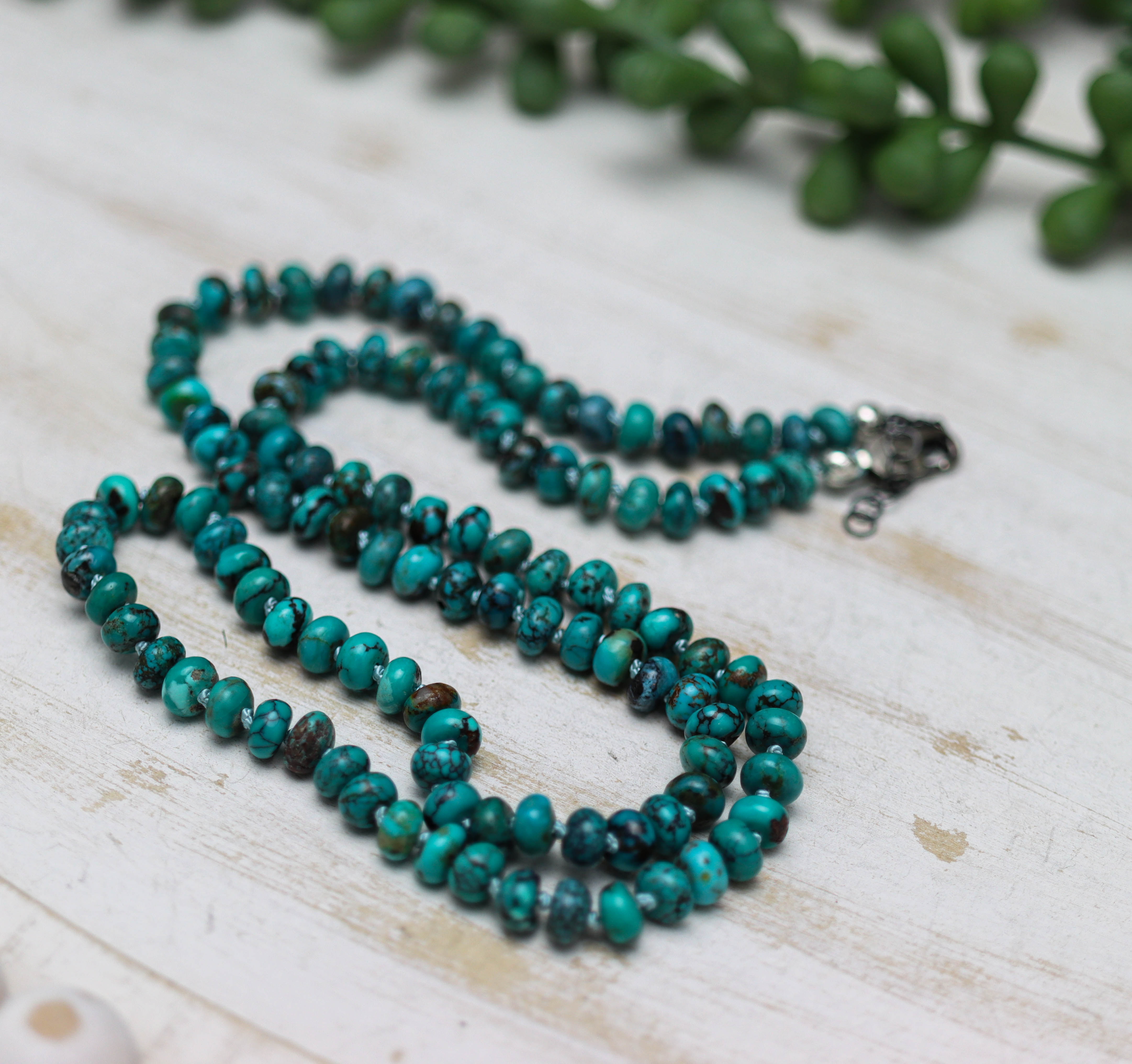 Turquoise Hand Knotted Bead Necklace Sterling Silver