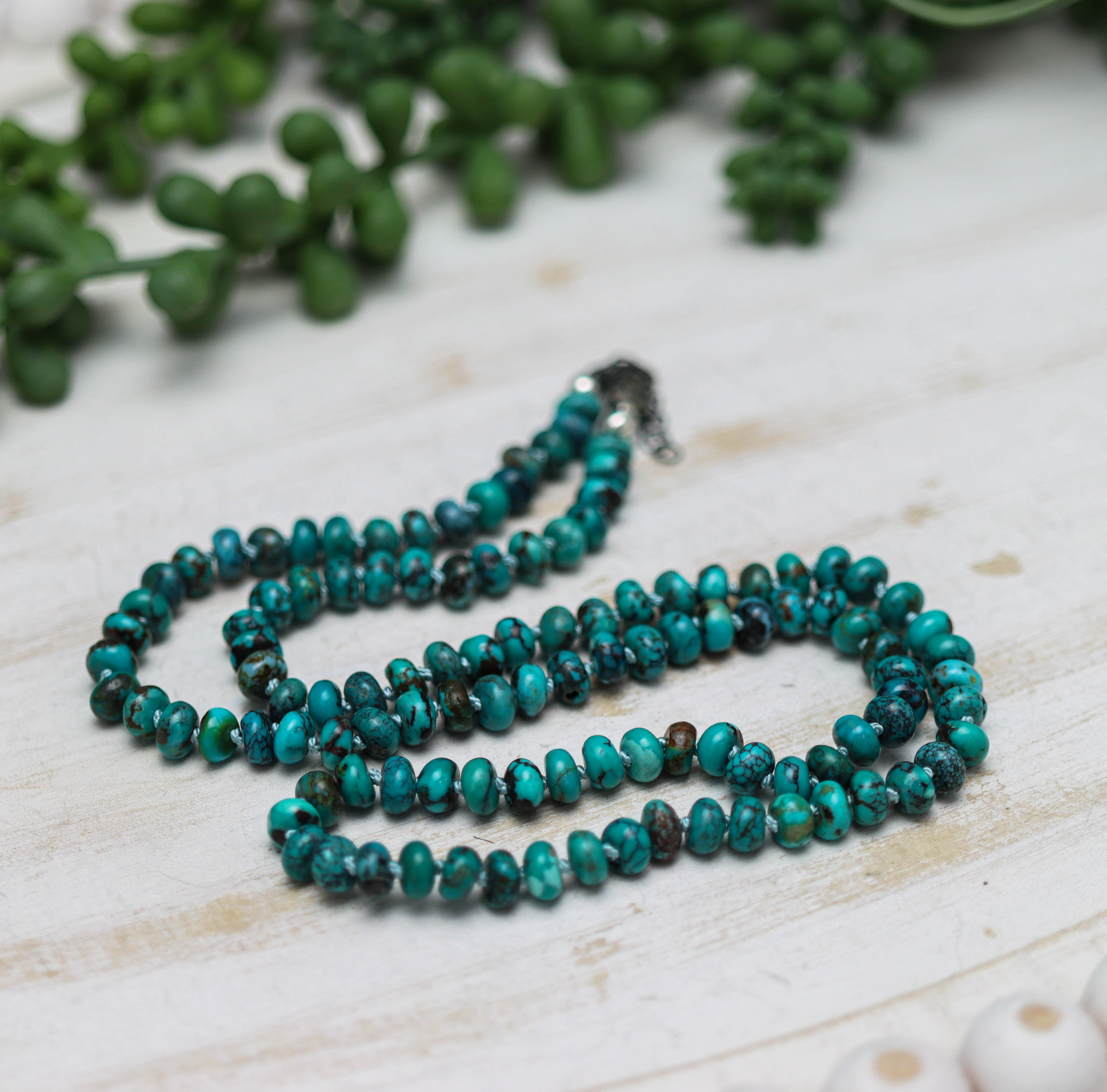 Turquoise Hand Knotted Bead Necklace Sterling Silver