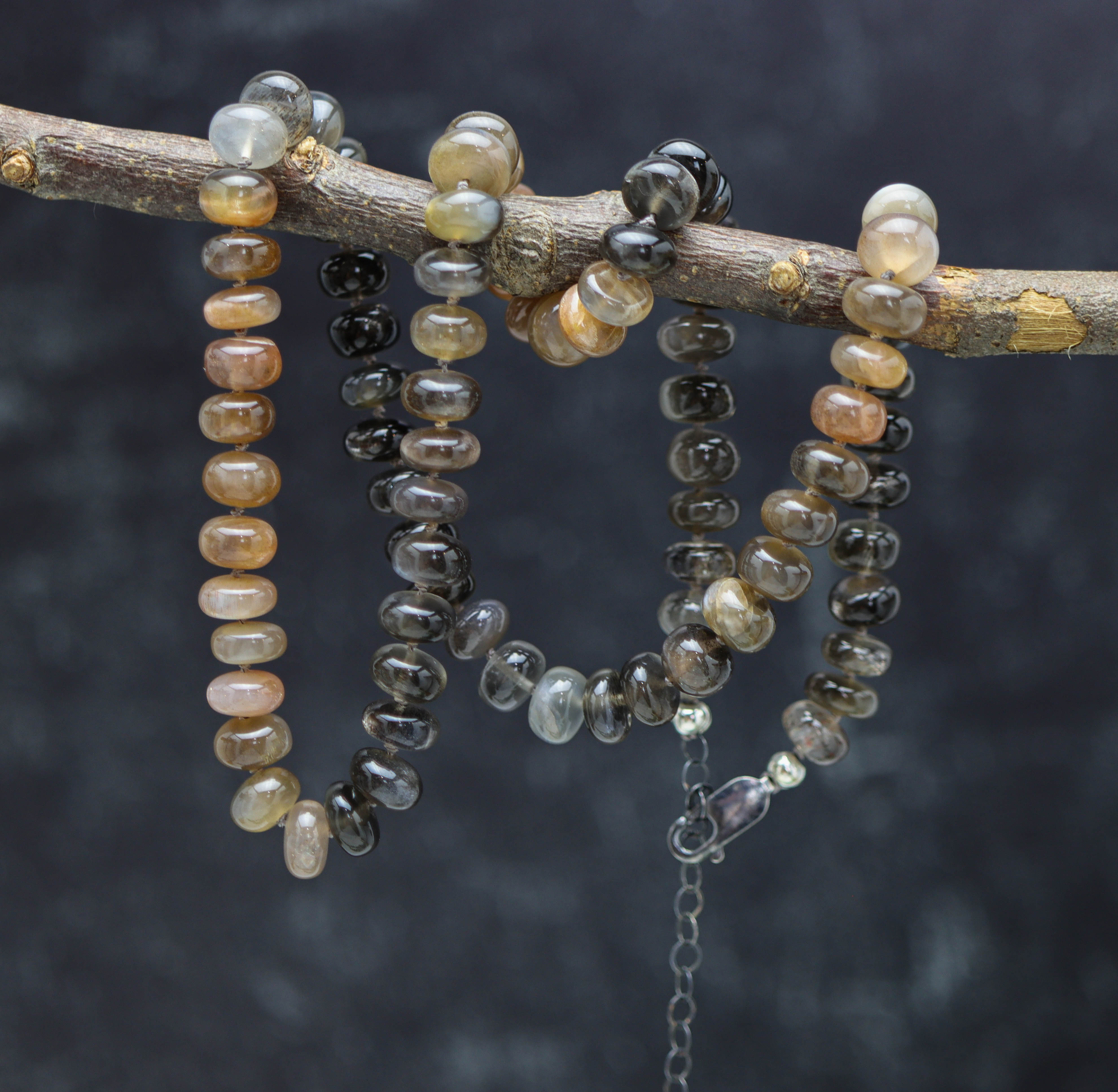 Australian Moonstone Hand Knotted Bead Necklace Sterling Silver