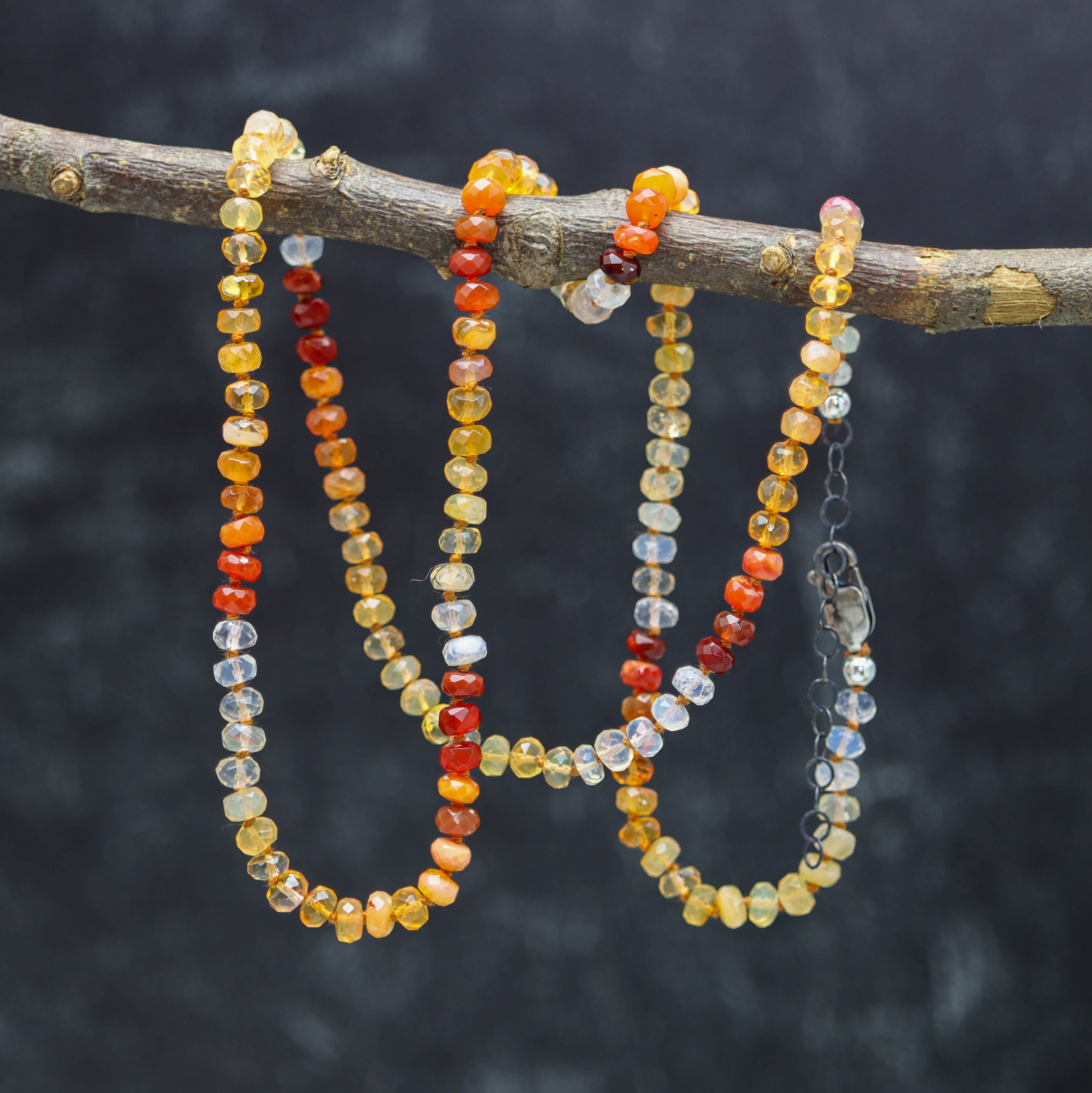 Mexican Fire Opal Hand Knotted Bead Necklace Sterling Silver