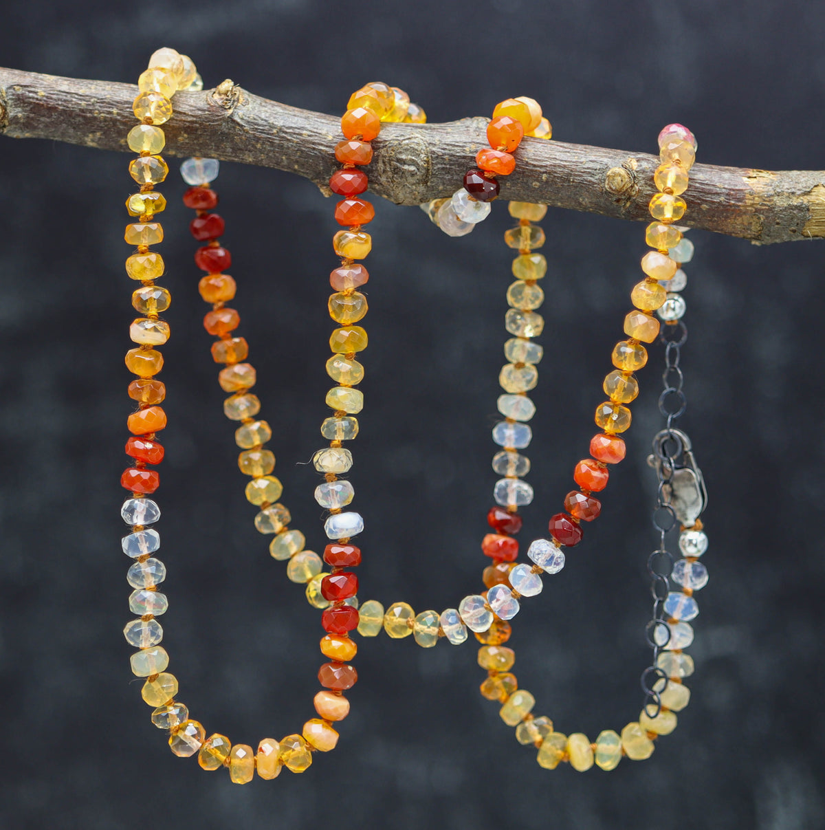 Mexican Fire Opal Hand Knotted Bead Necklace Sterling Silver