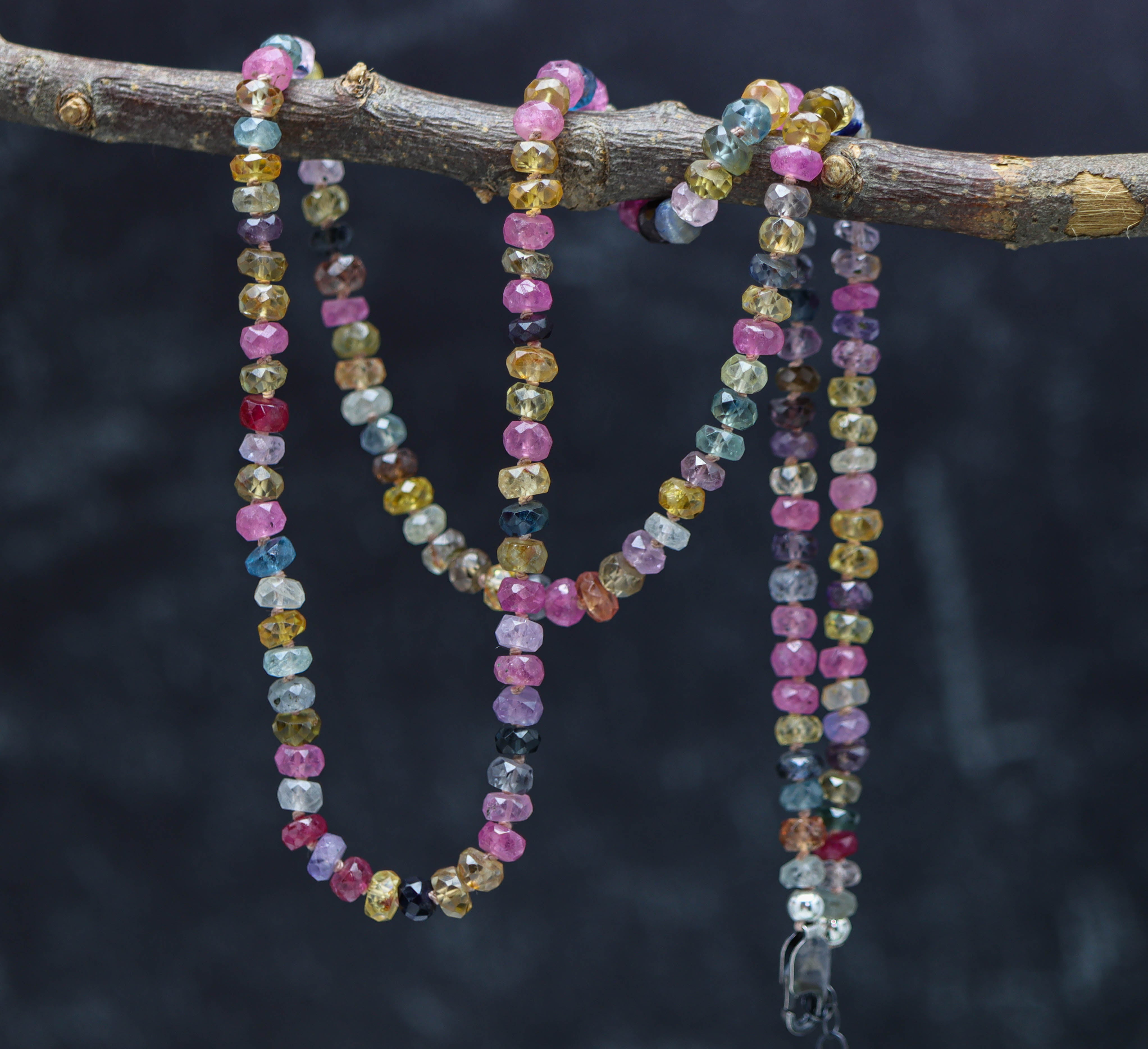 Multi Colored Sapphire Hand Knotted Bead Necklace Sterling Silver 24 inch