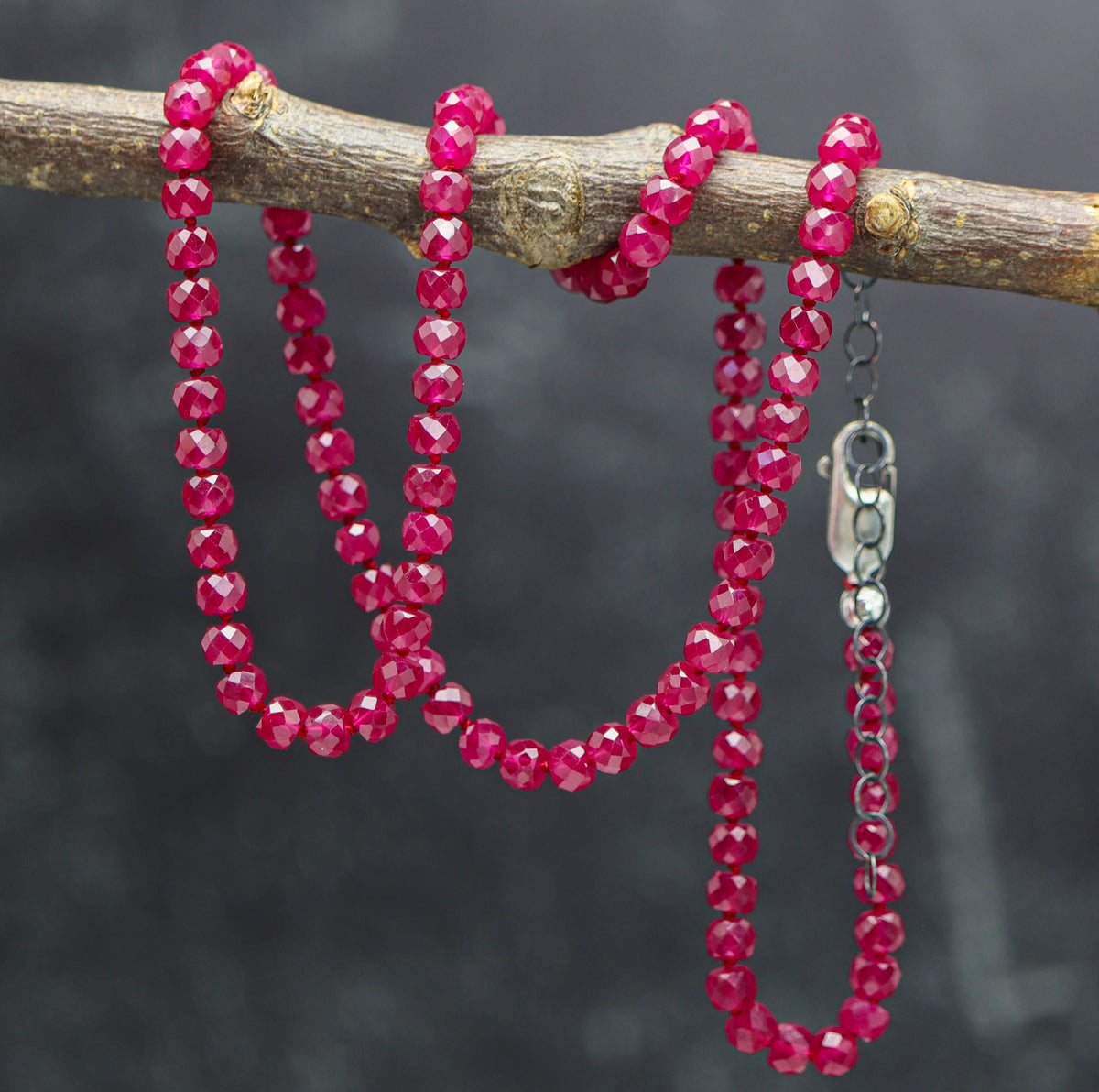 Red Ruby Hand Knotted Bead Necklace Sterling Silver