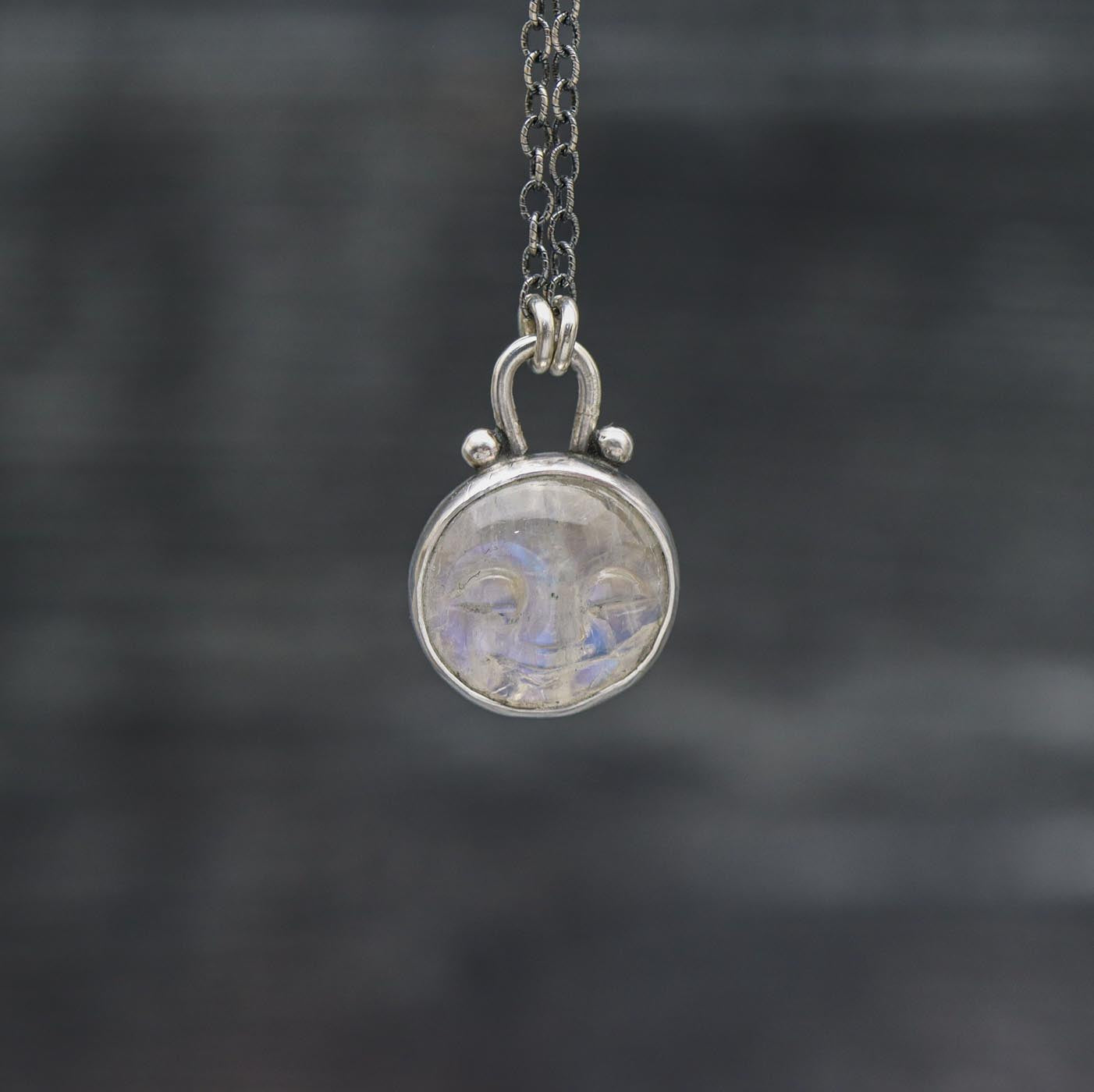 Carved Moonstone Moon Face Petite Pendant Necklace in Sterling Silver