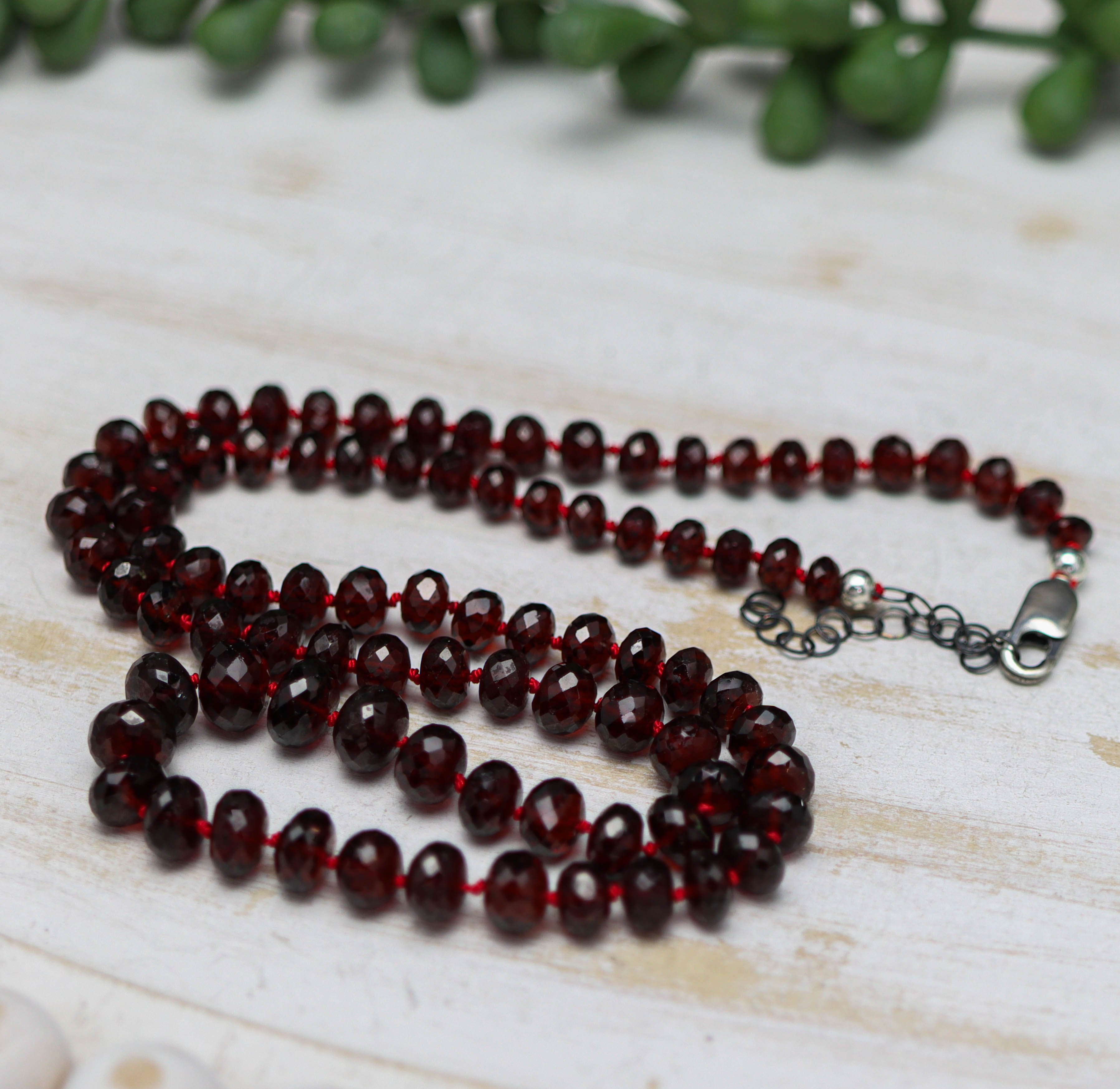 Red Garnet Hand Knotted Bead Necklace Sterling Silver