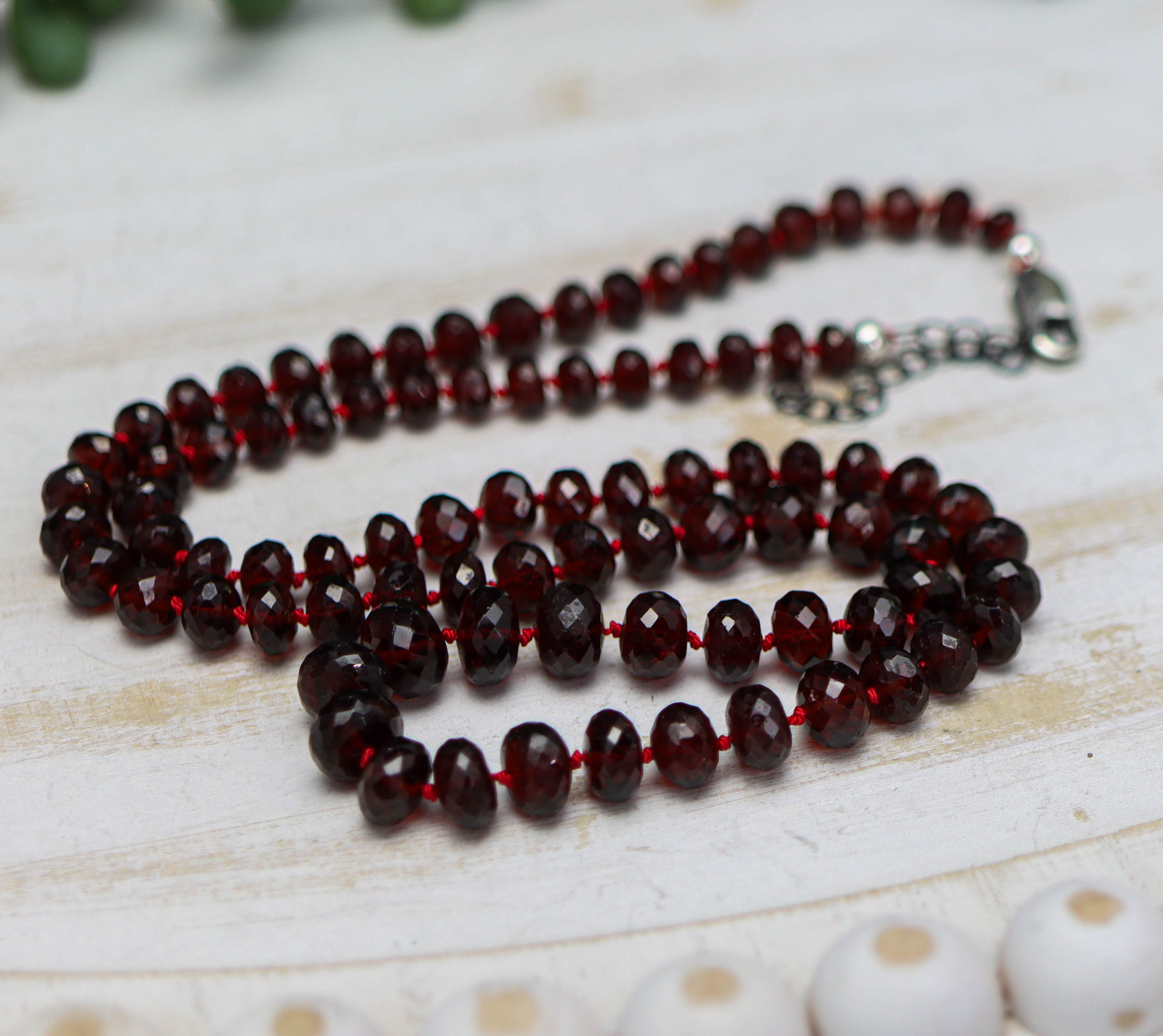 Red Garnet Hand Knotted Bead Necklace Sterling Silver