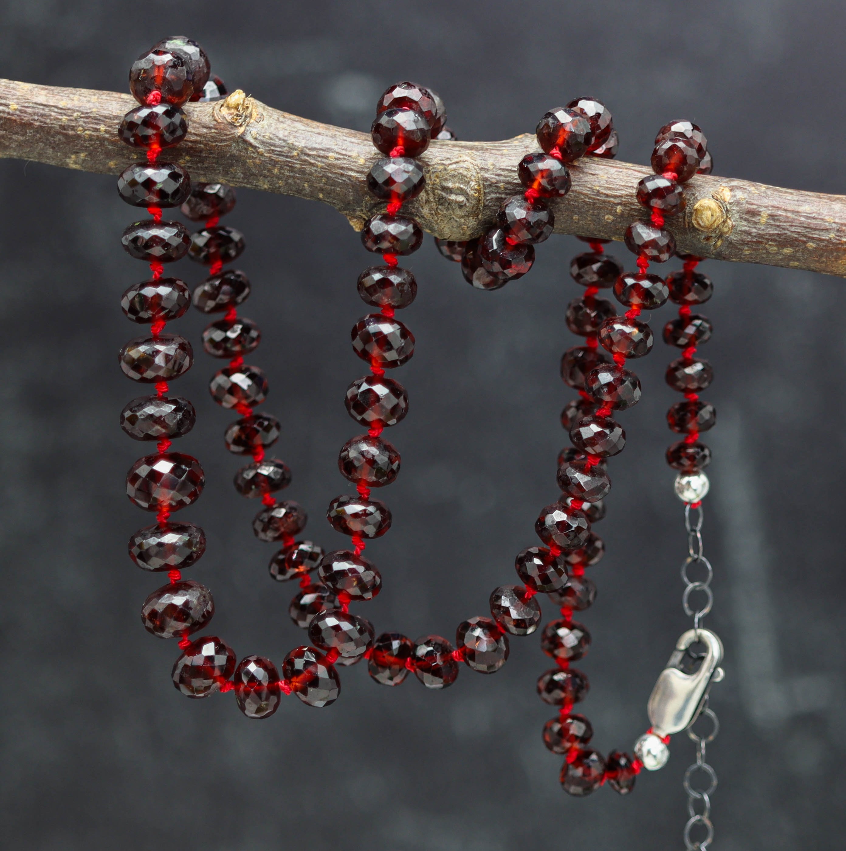 Red Garnet Hand Knotted Bead Necklace Sterling Silver