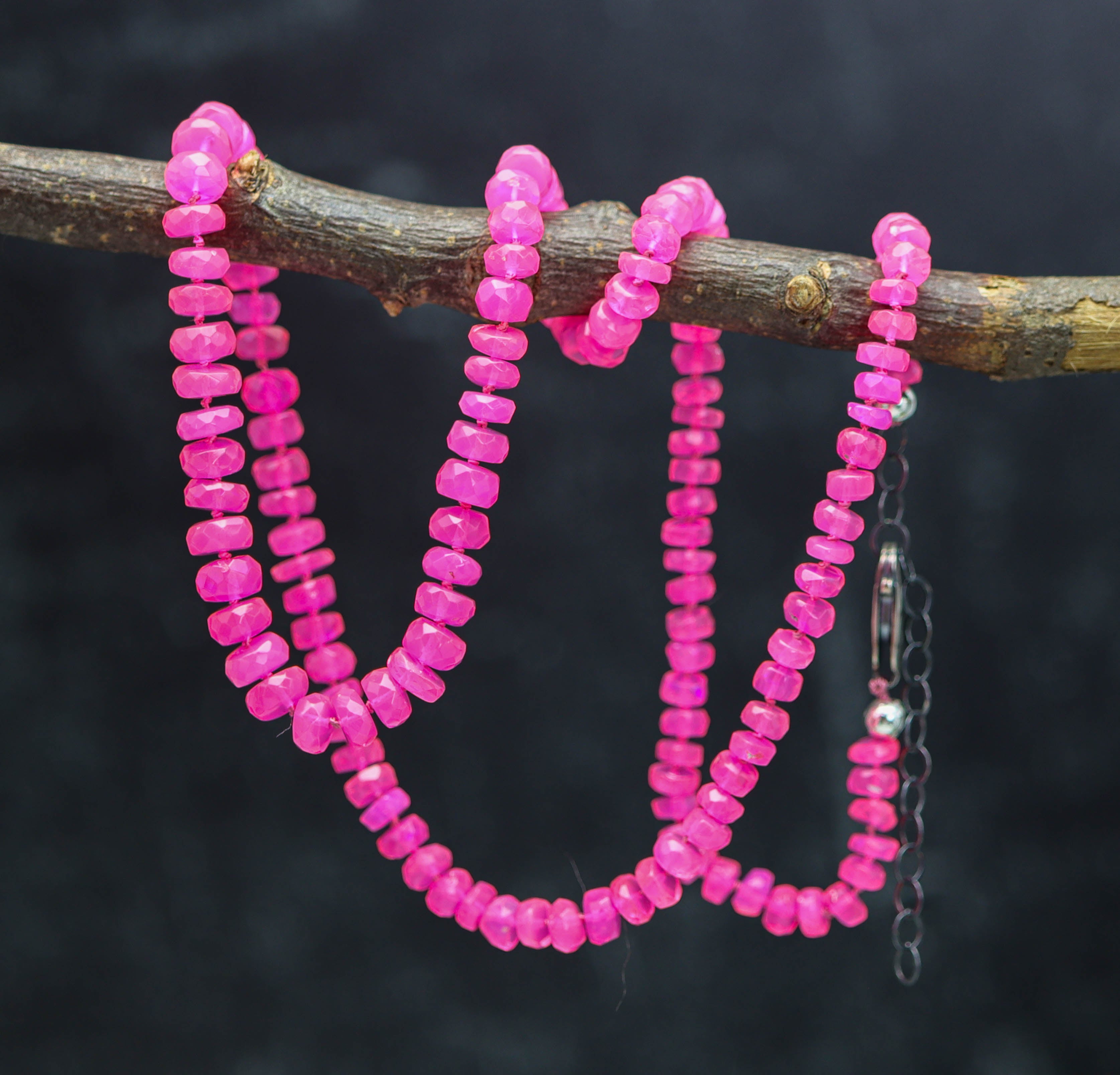Hot Pink Opal Hand Knotted Bead Necklace Sterling Silver
