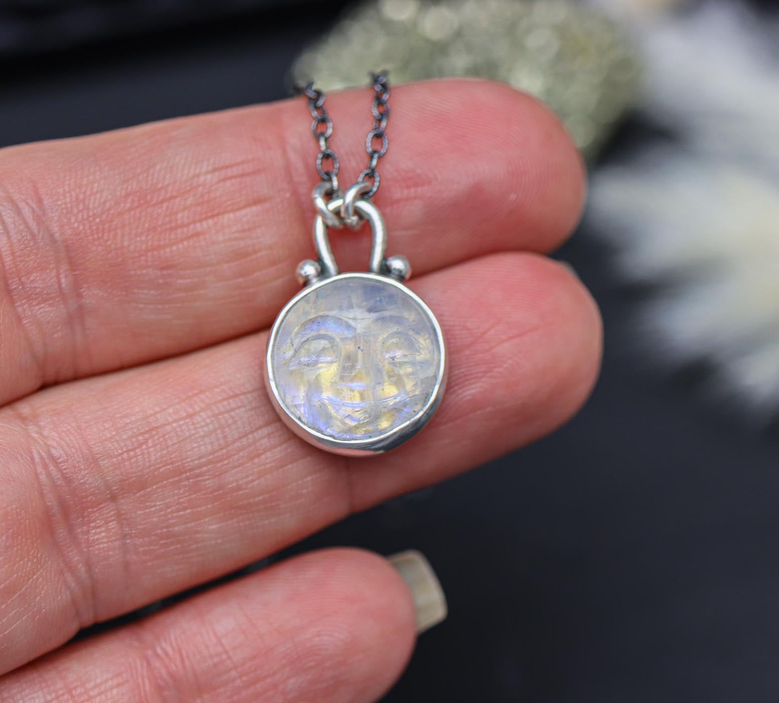 Carved Moonstone Moon Face Petite Pendant Necklace in Sterling Silver